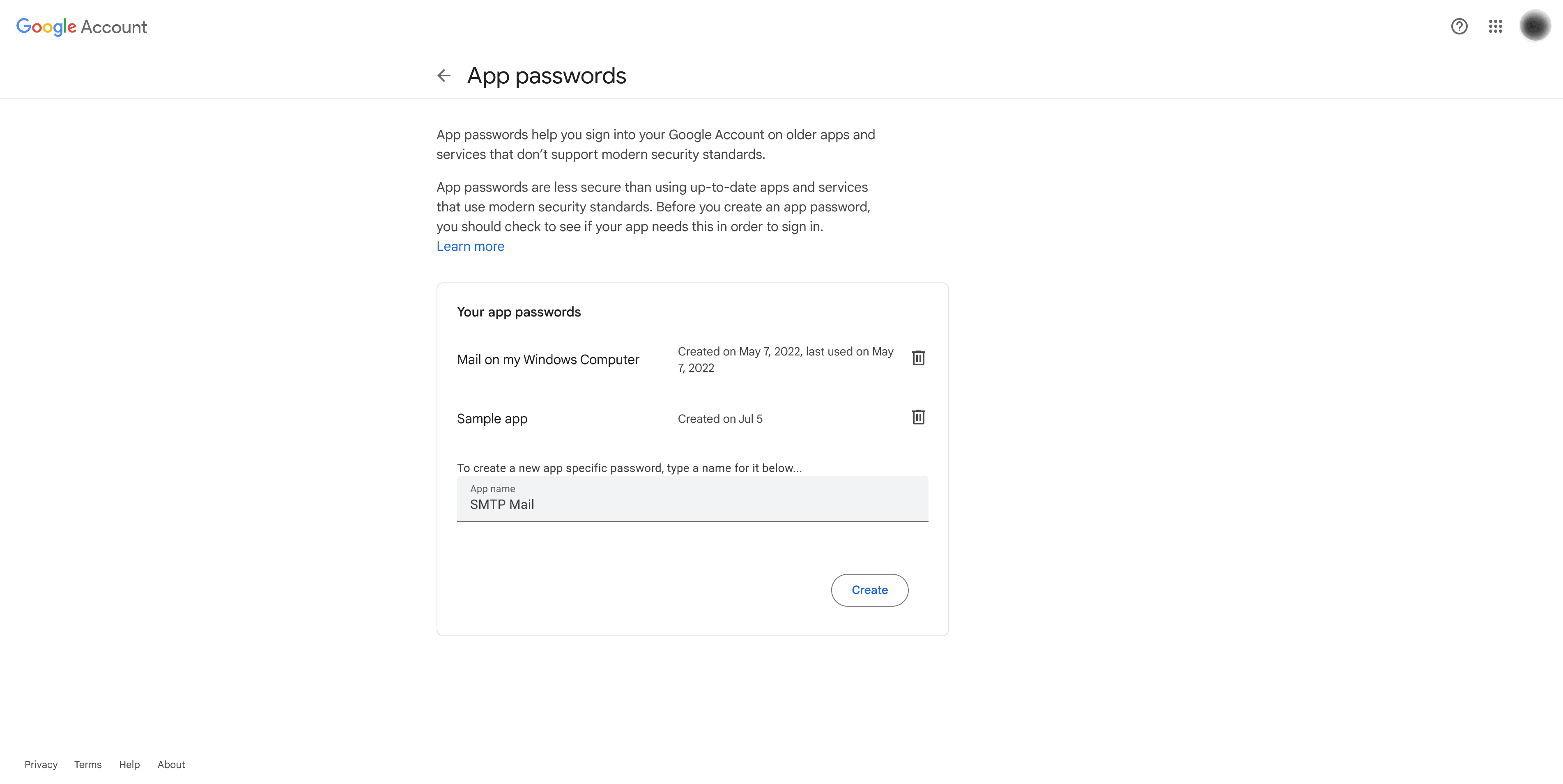 Create Google App password for SMTP