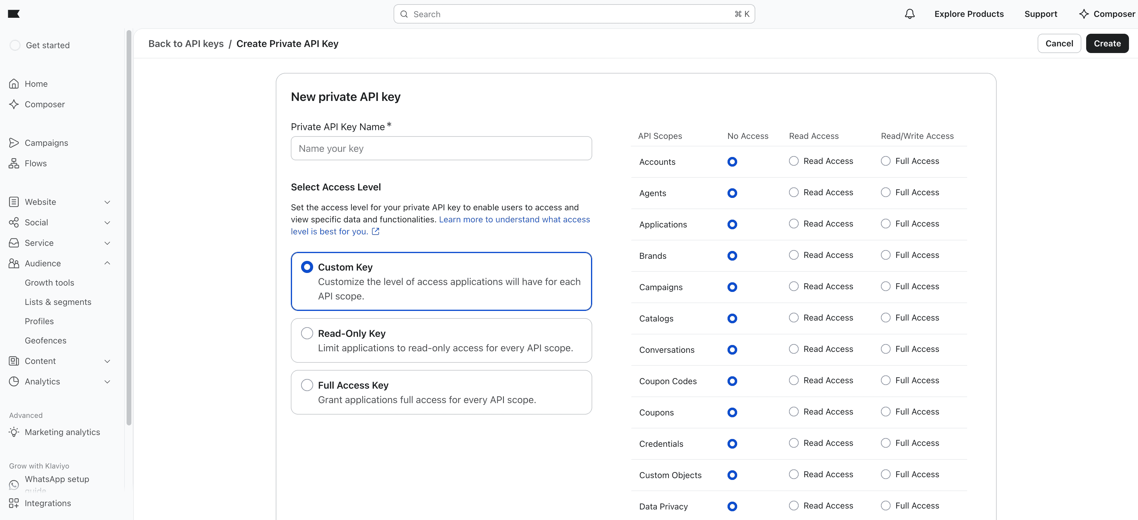 Create Private API Key in Klaviyo