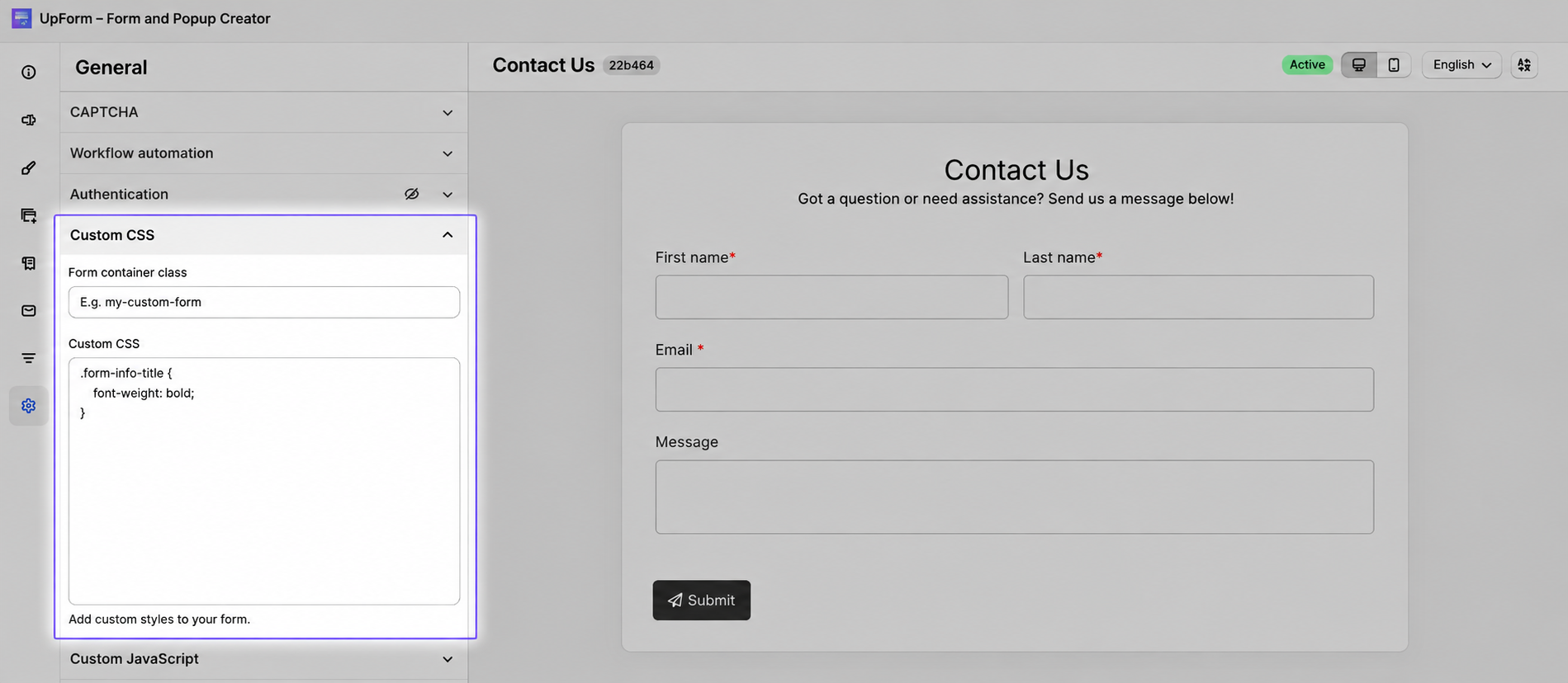 Custom CSS form container settings