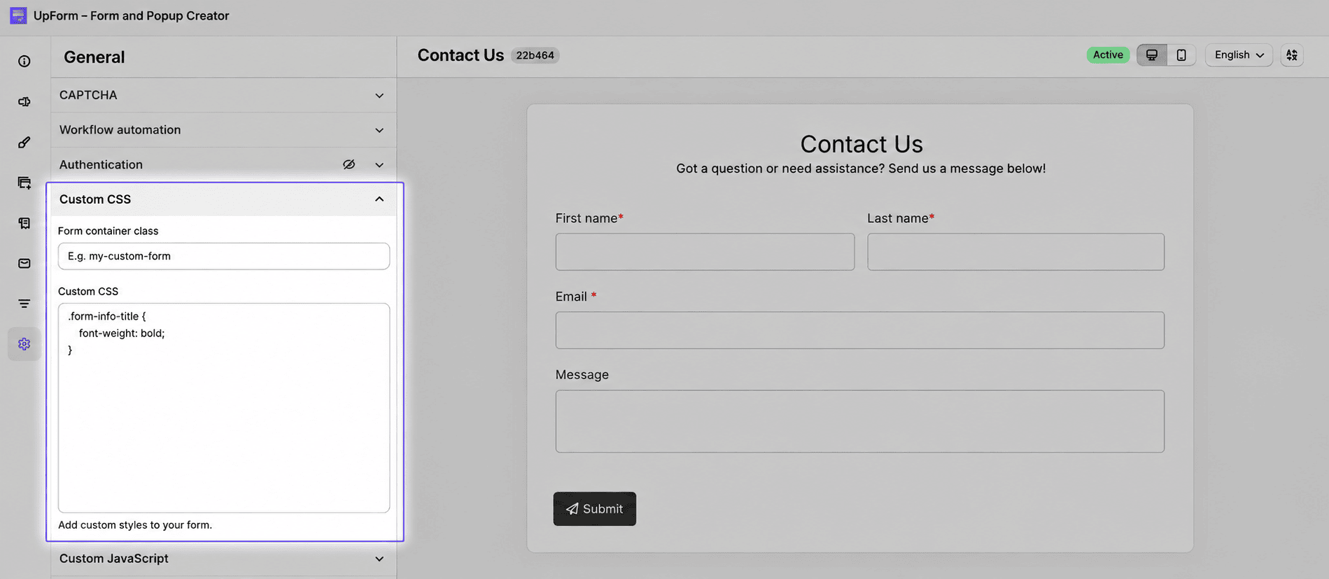 Custom CSS form container settings