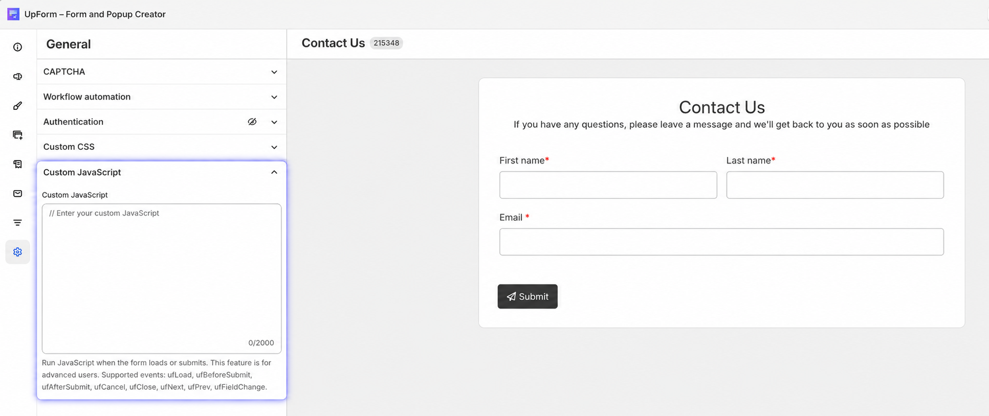 Custom JavaScript form event settings