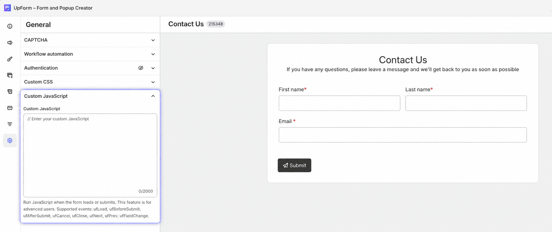 Custom JavaScript form event settings