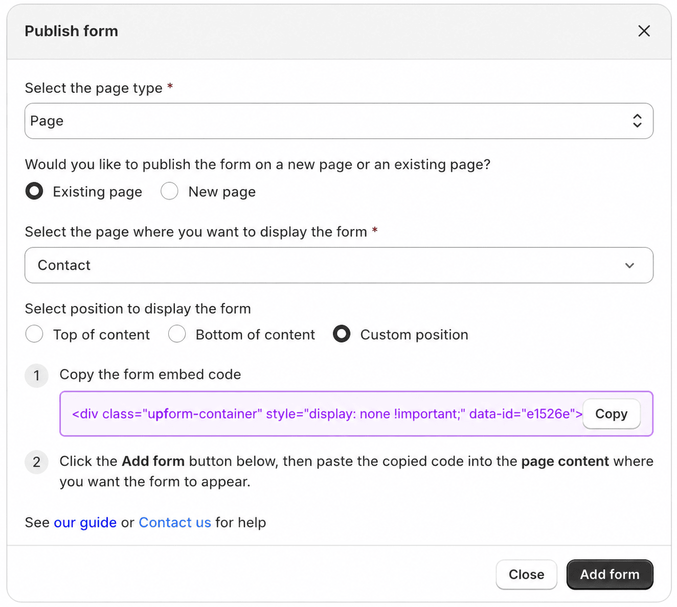 Custom position form embed code