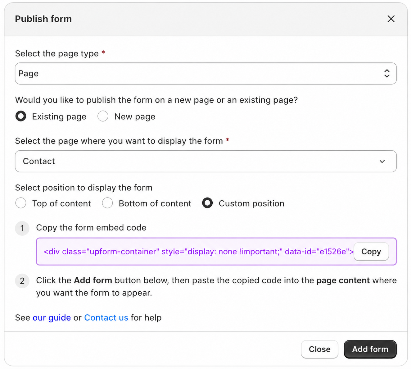 Custom position form embed code