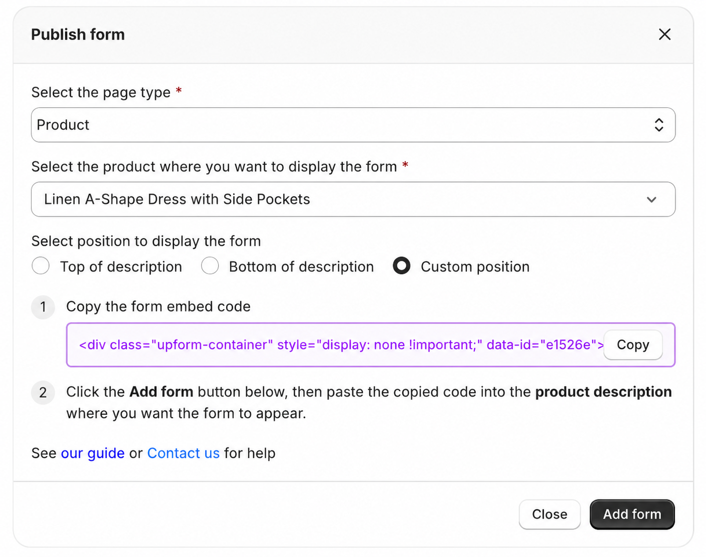 Custom position product form embed code