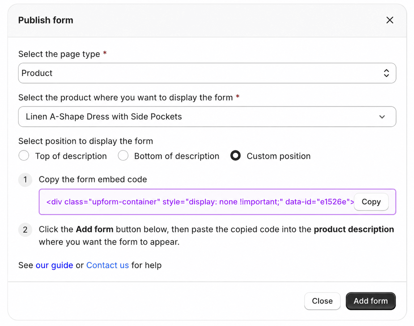 Custom position product form embed code