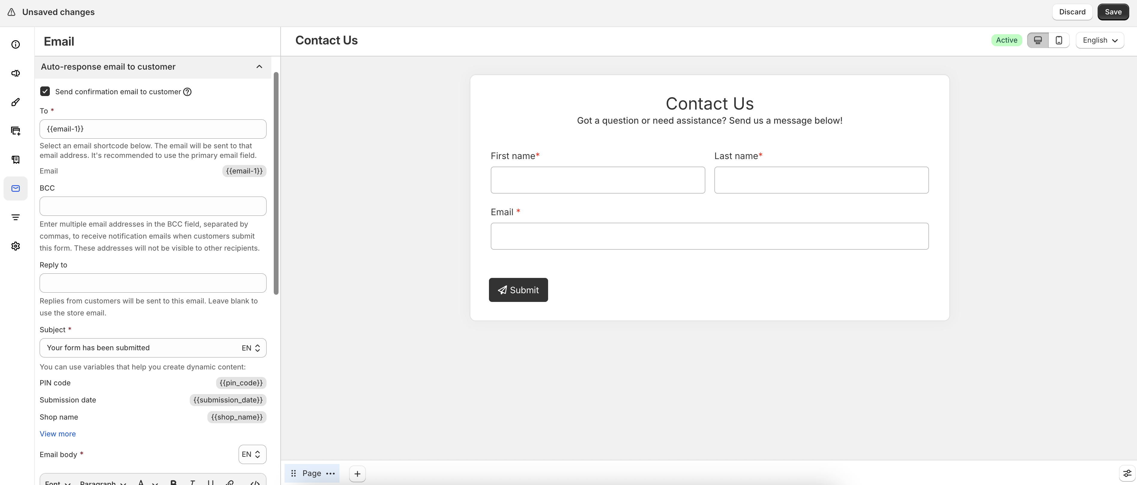 Customer auto-response email settings