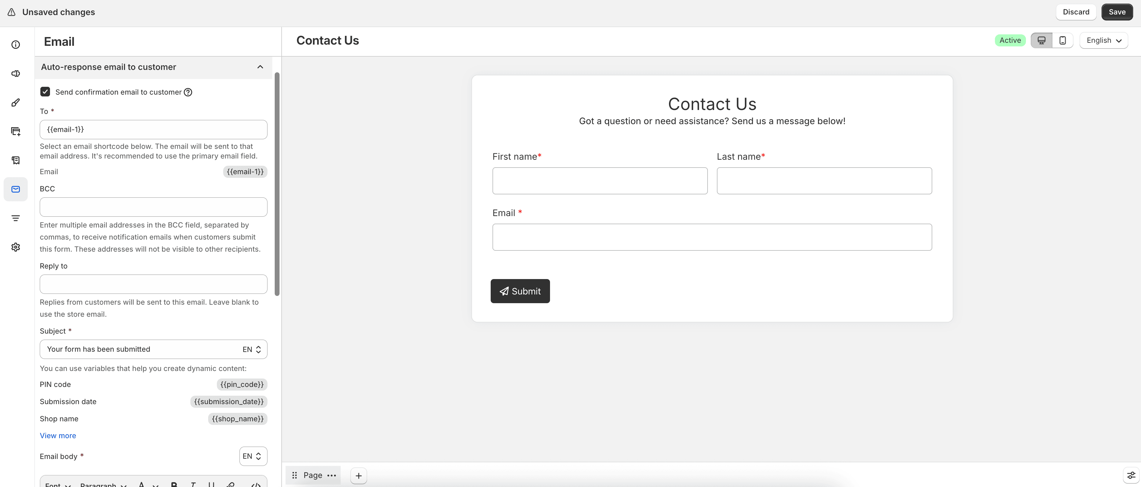 Customer auto-response email settings