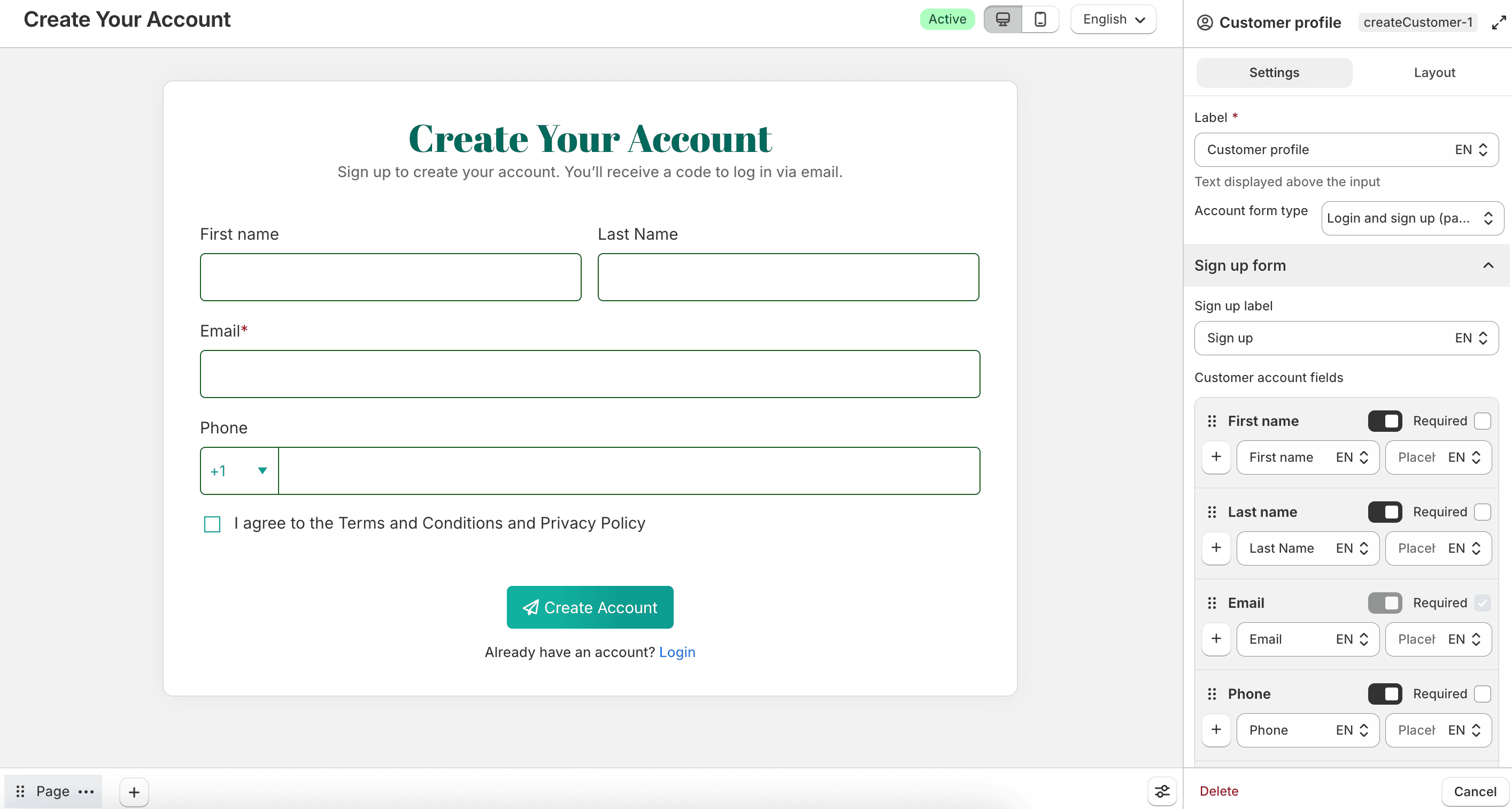 Customer profile field settings