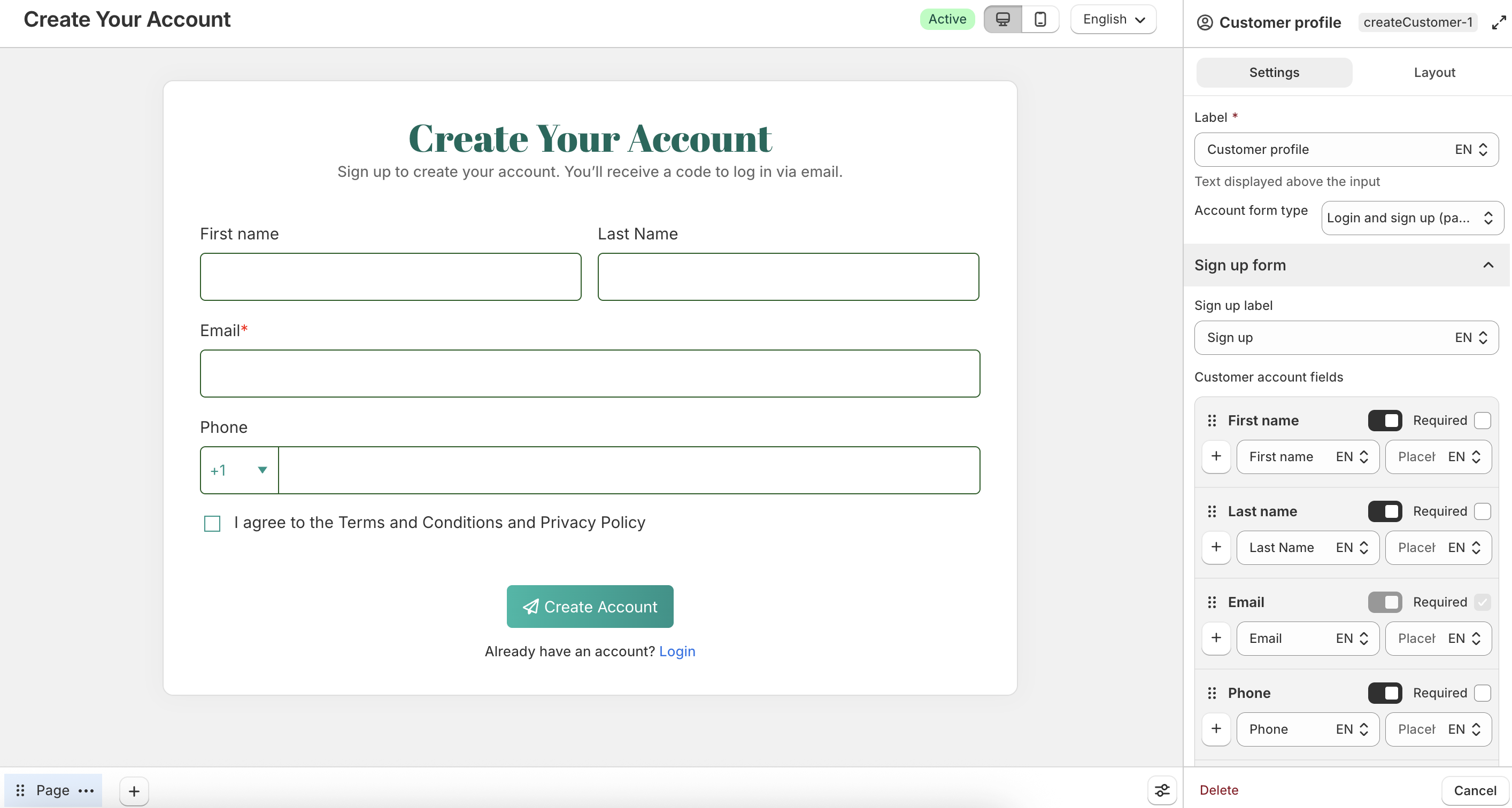 Customer profile field settings