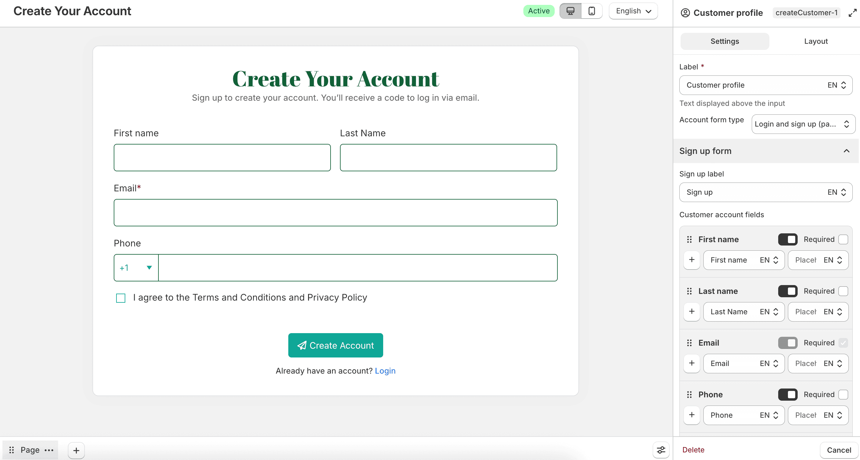Customer profile field settings
