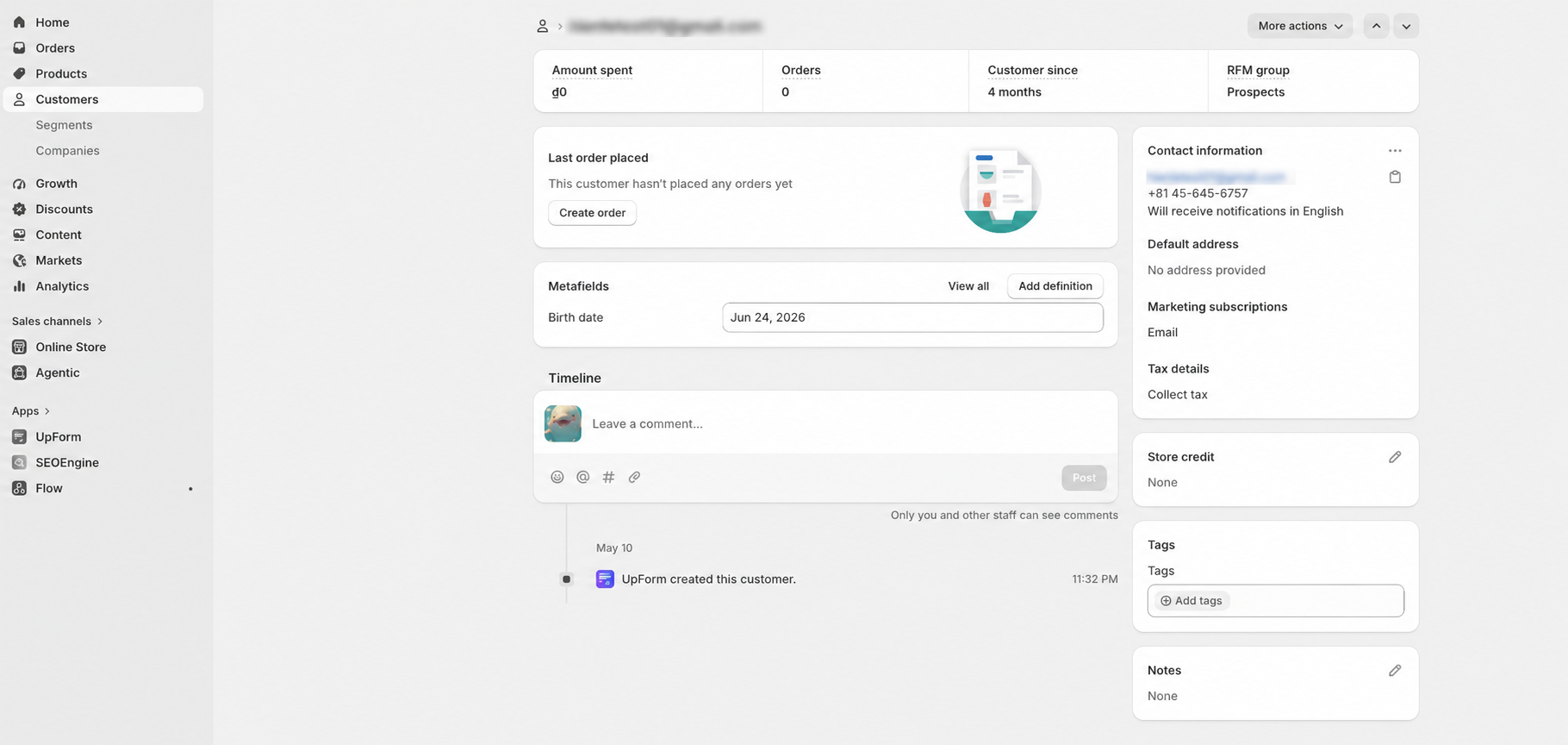 Customer timeline UpForm created this customer