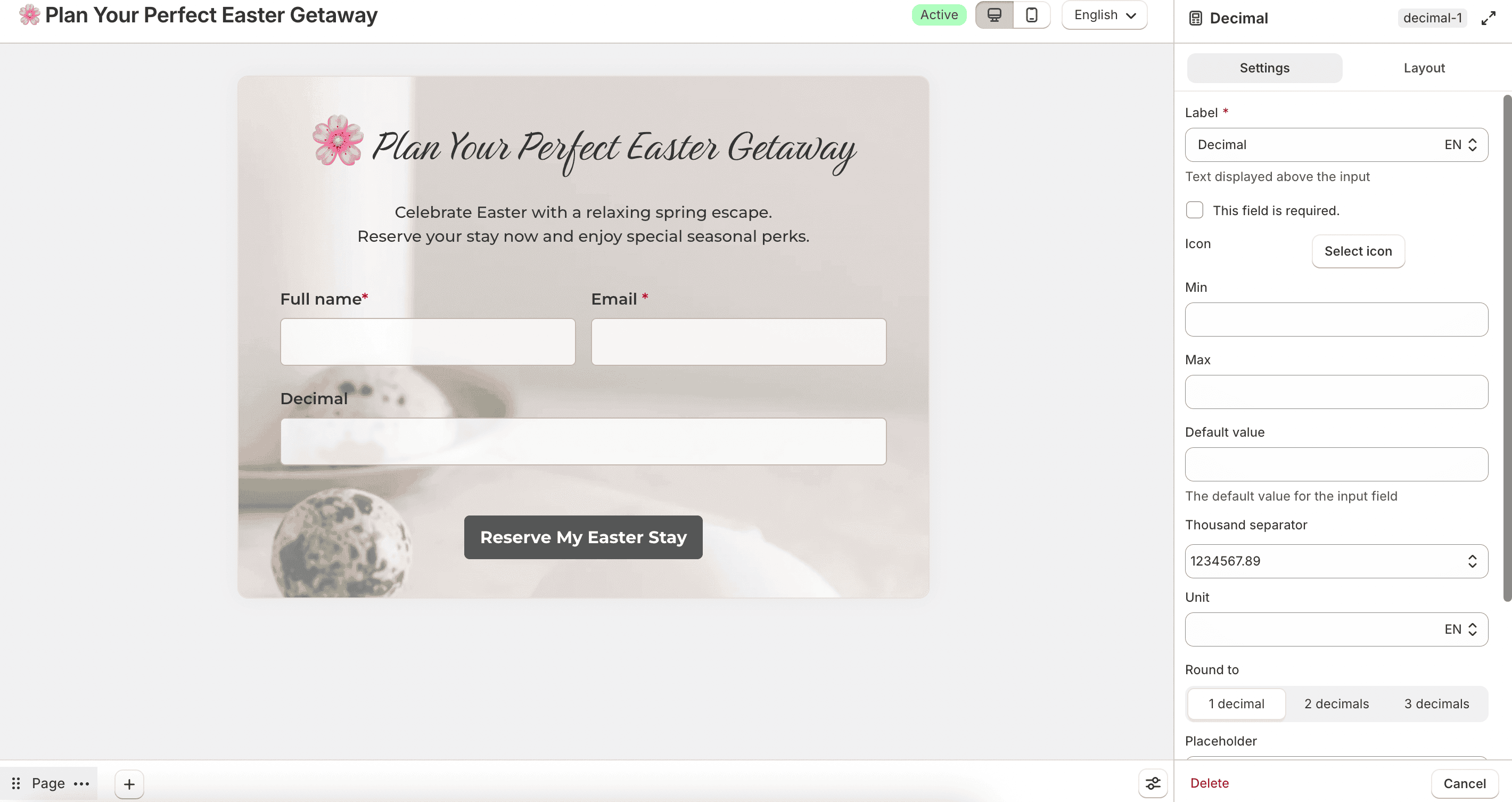 Decimal field settings
