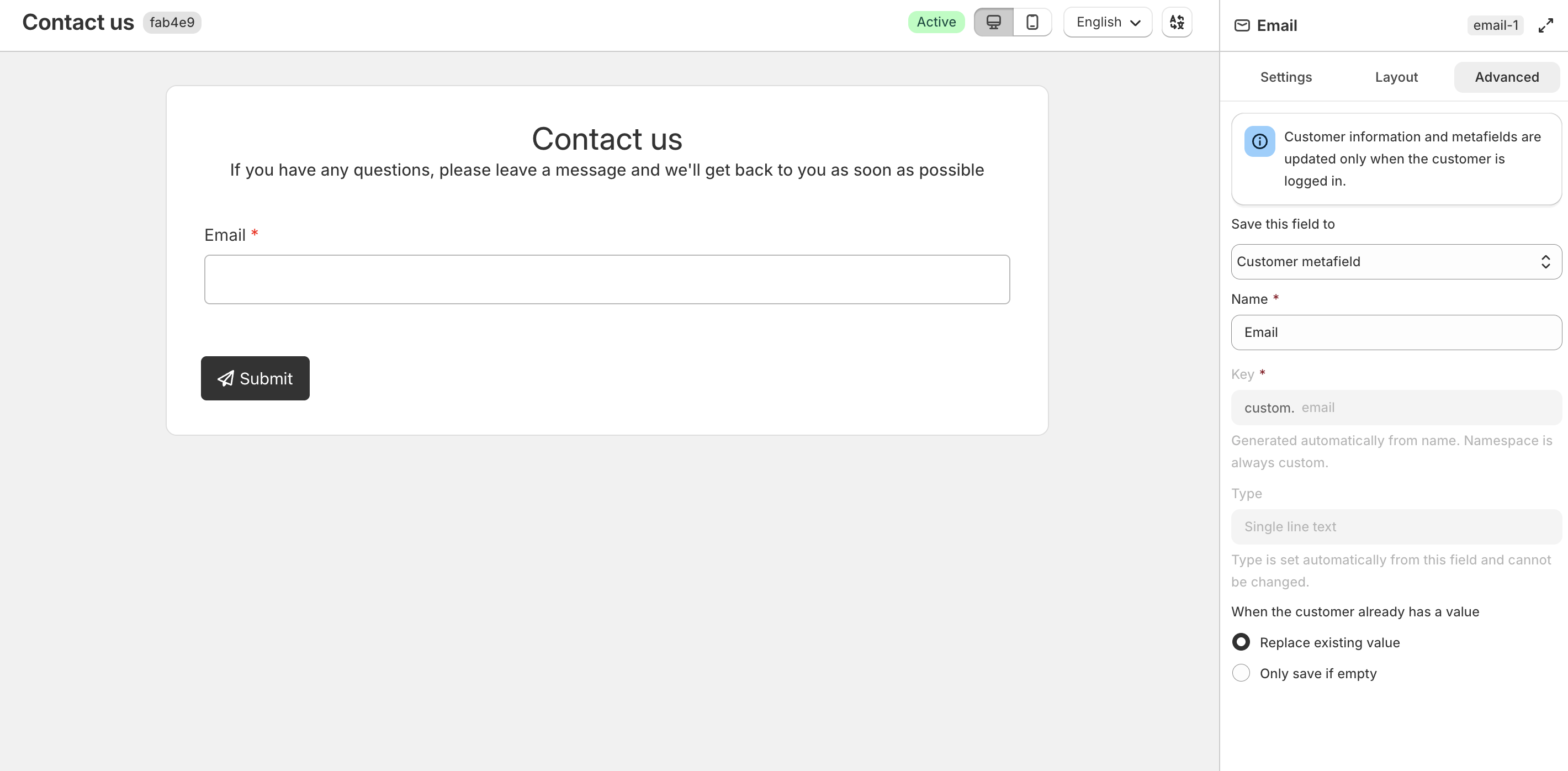 Email field Advanced tab with Customer metafield save options