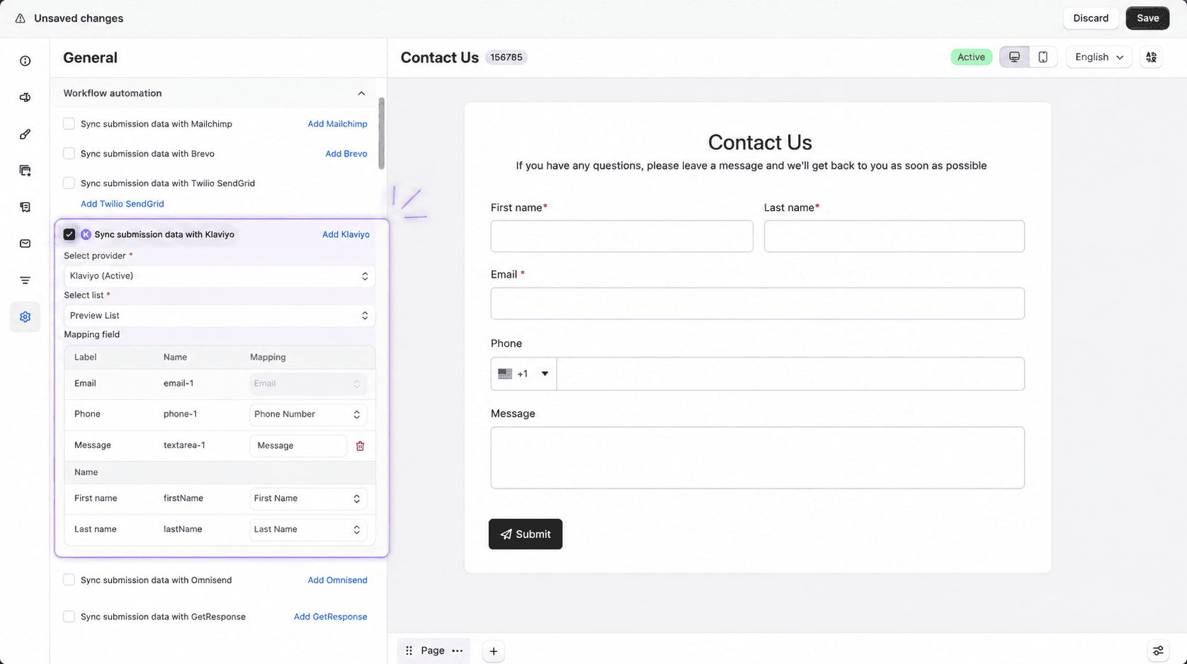 Example contact form for Klaviyo sync