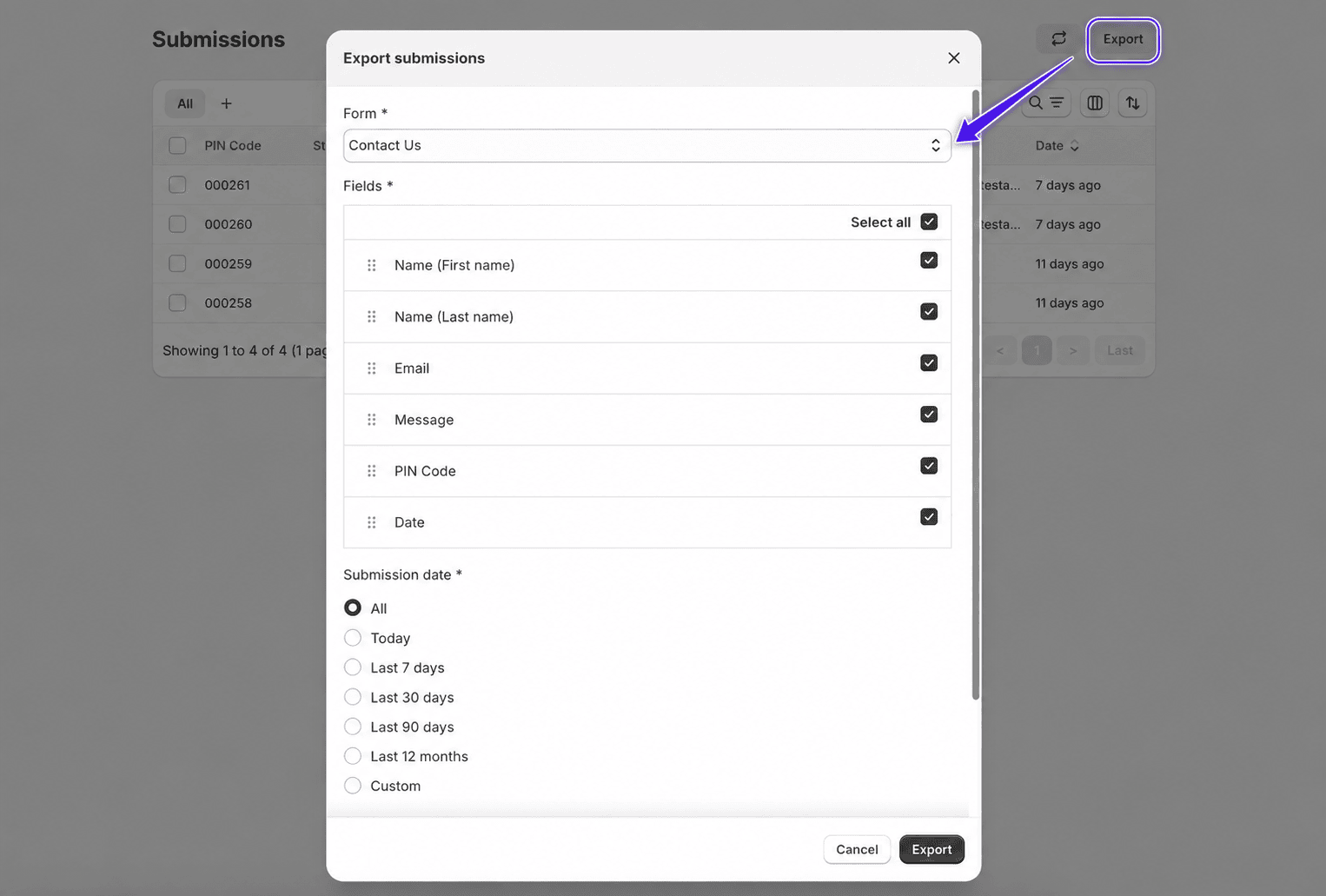 Export submissions options dialog