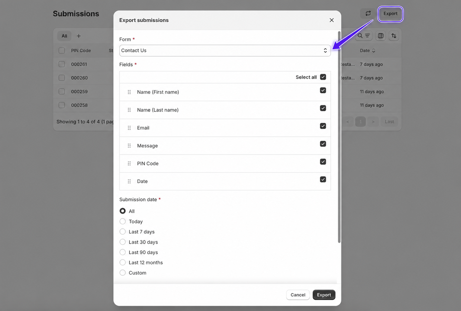 Export submissions options dialog