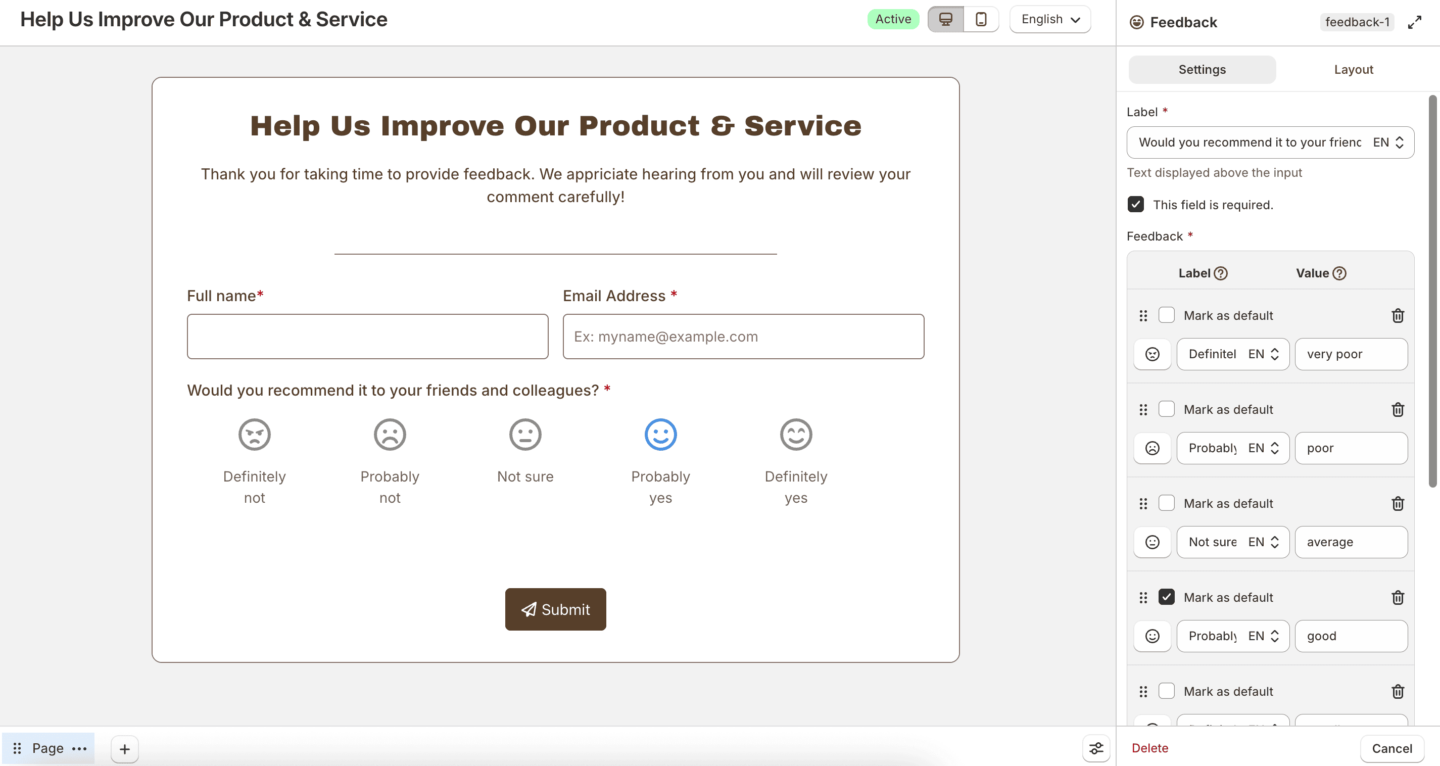 Feedback field settings