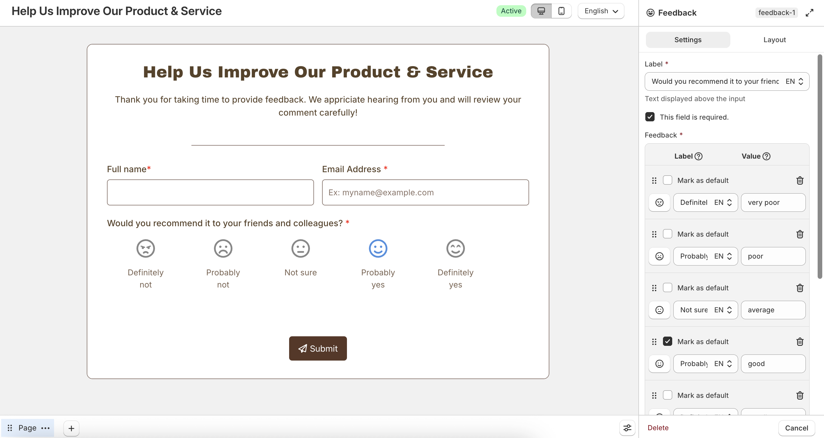 Feedback field settings