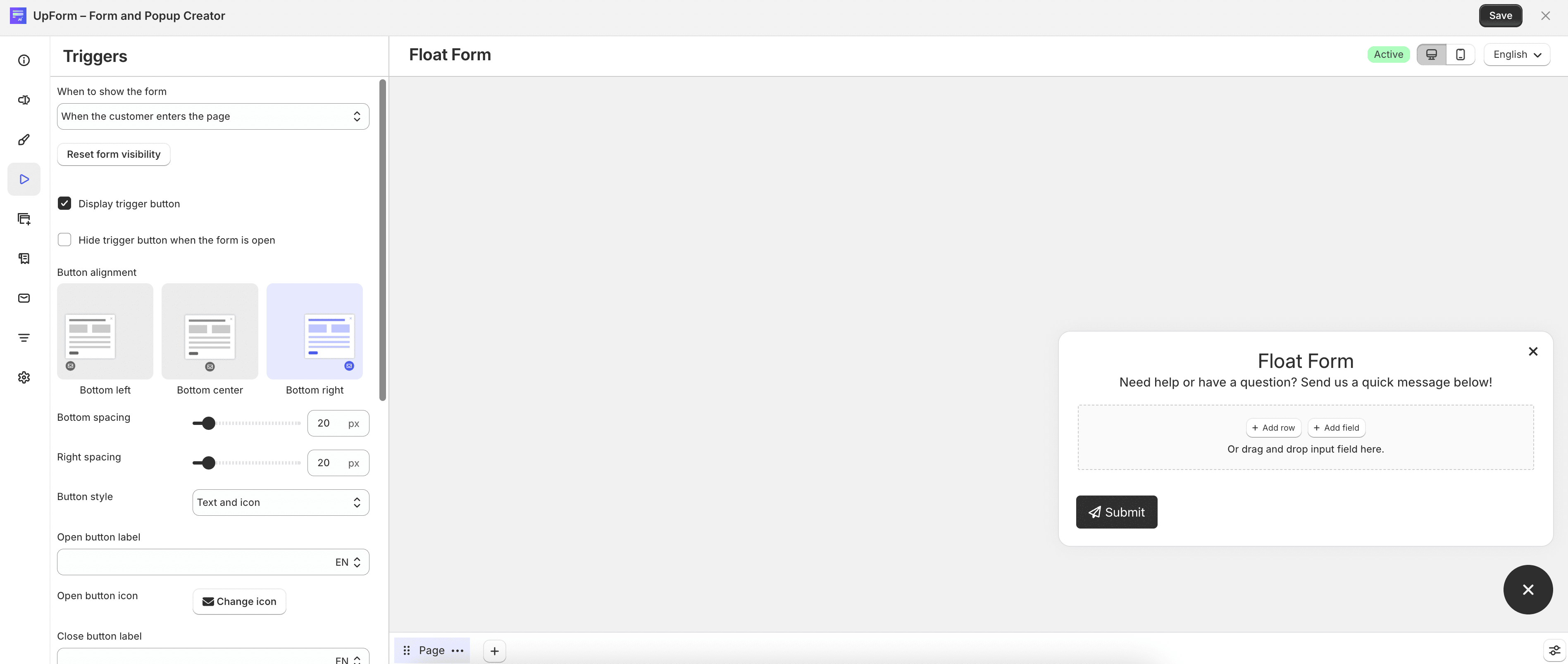 Float form trigger settings