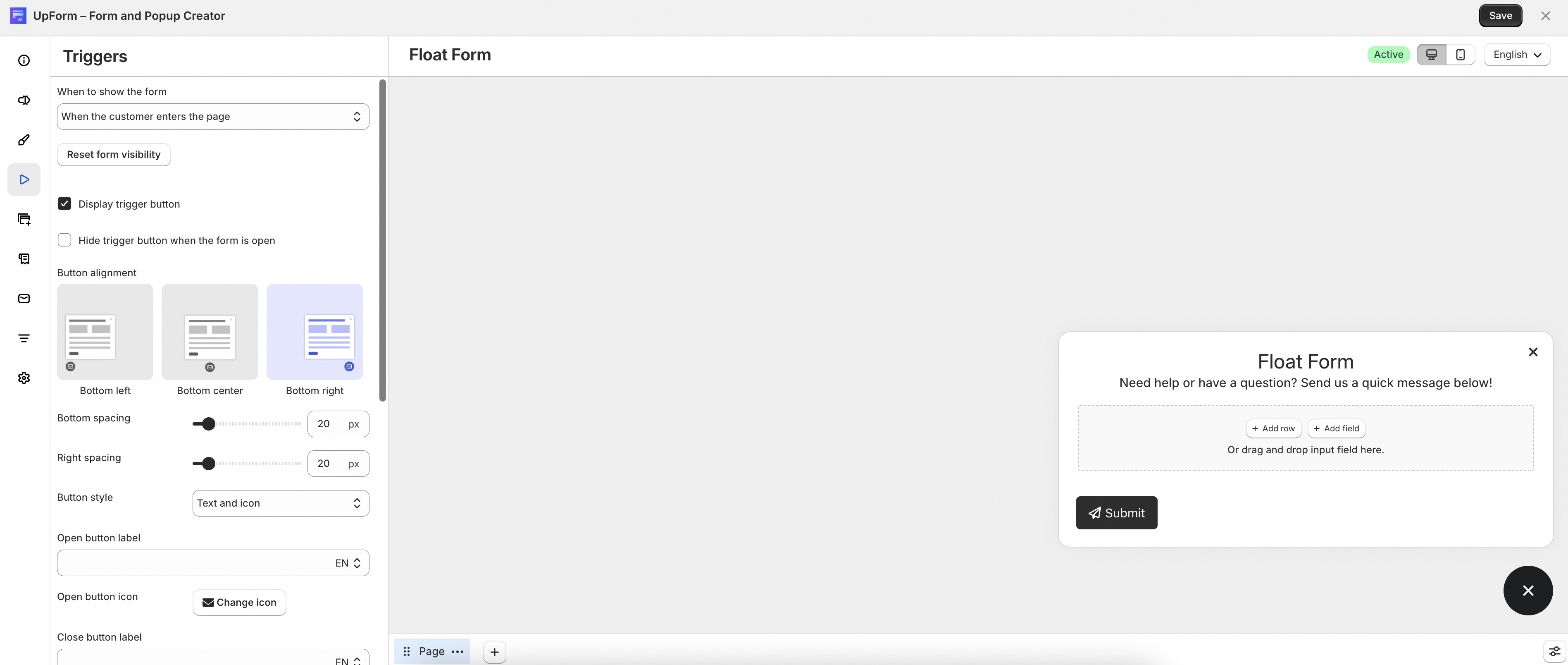 Float form trigger settings