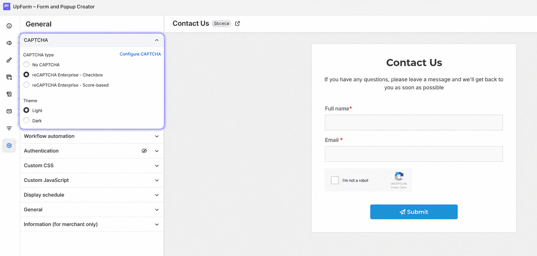 Form CAPTCHA type Enterprise selection