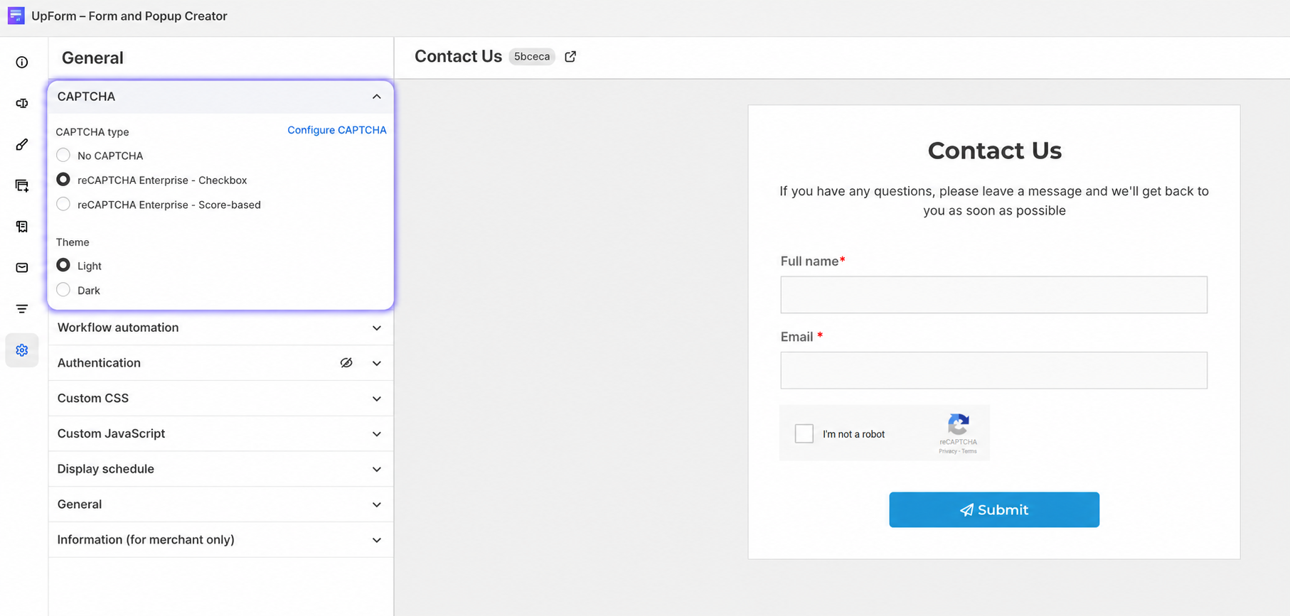 Form CAPTCHA type Enterprise selection