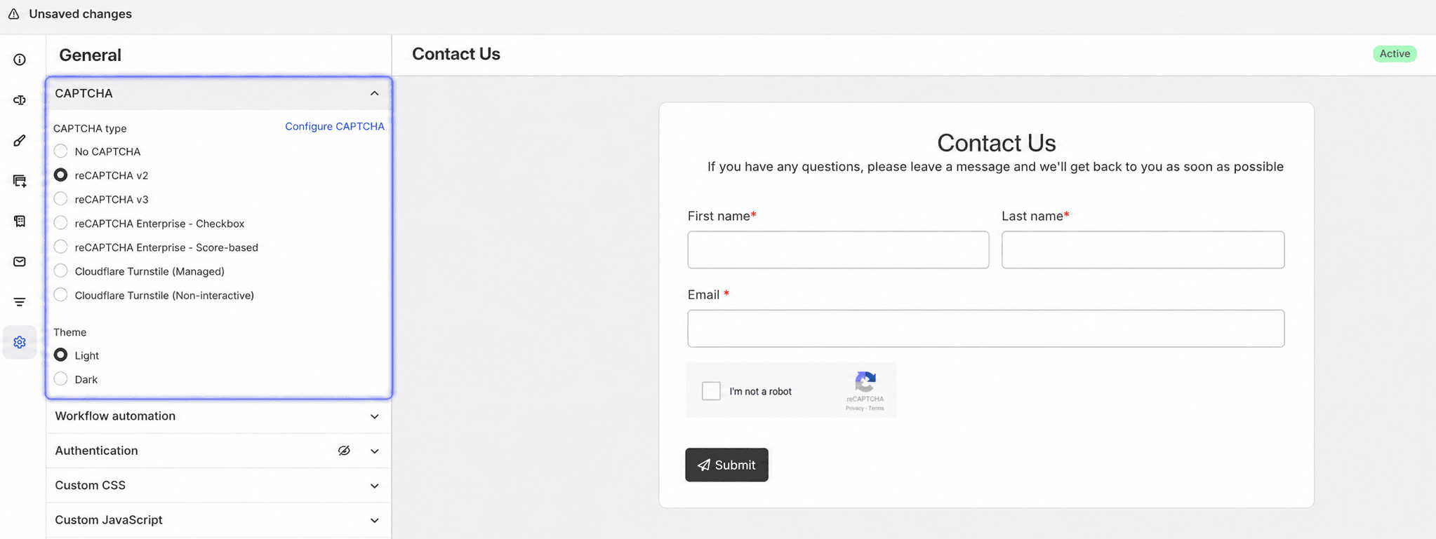 Form CAPTCHA type settings