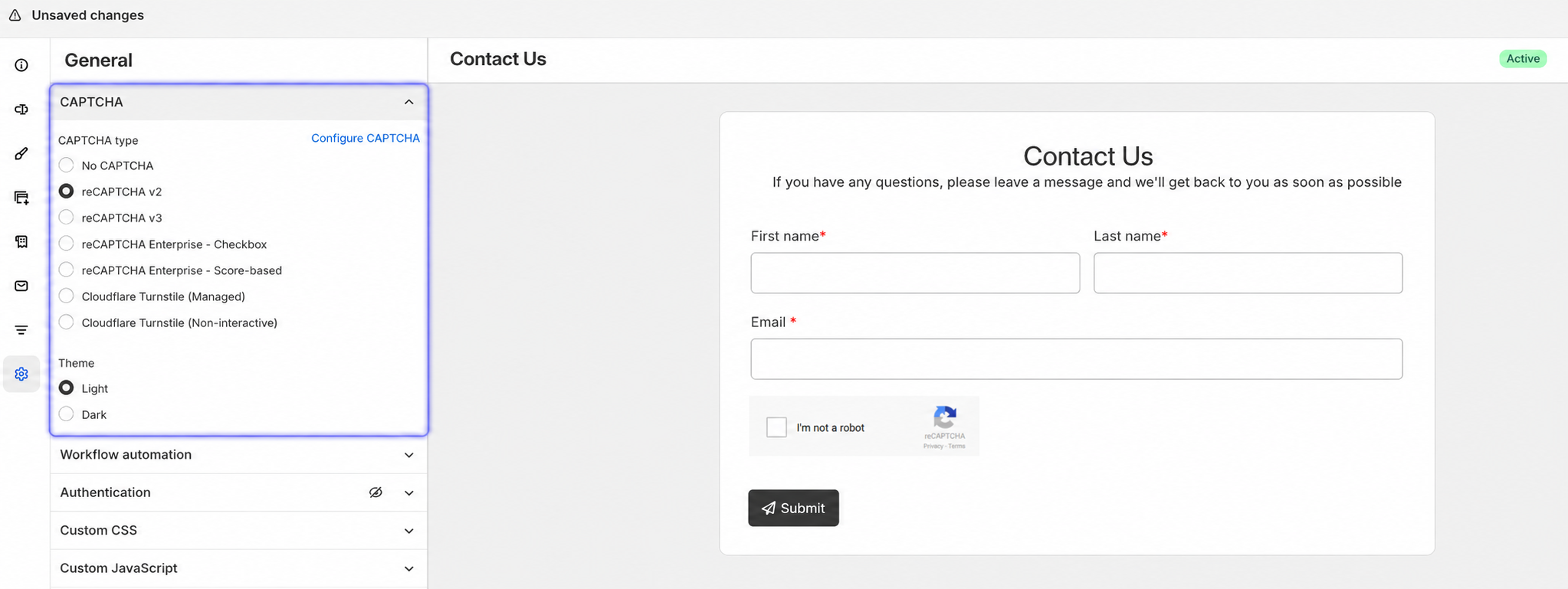 Form CAPTCHA type settings