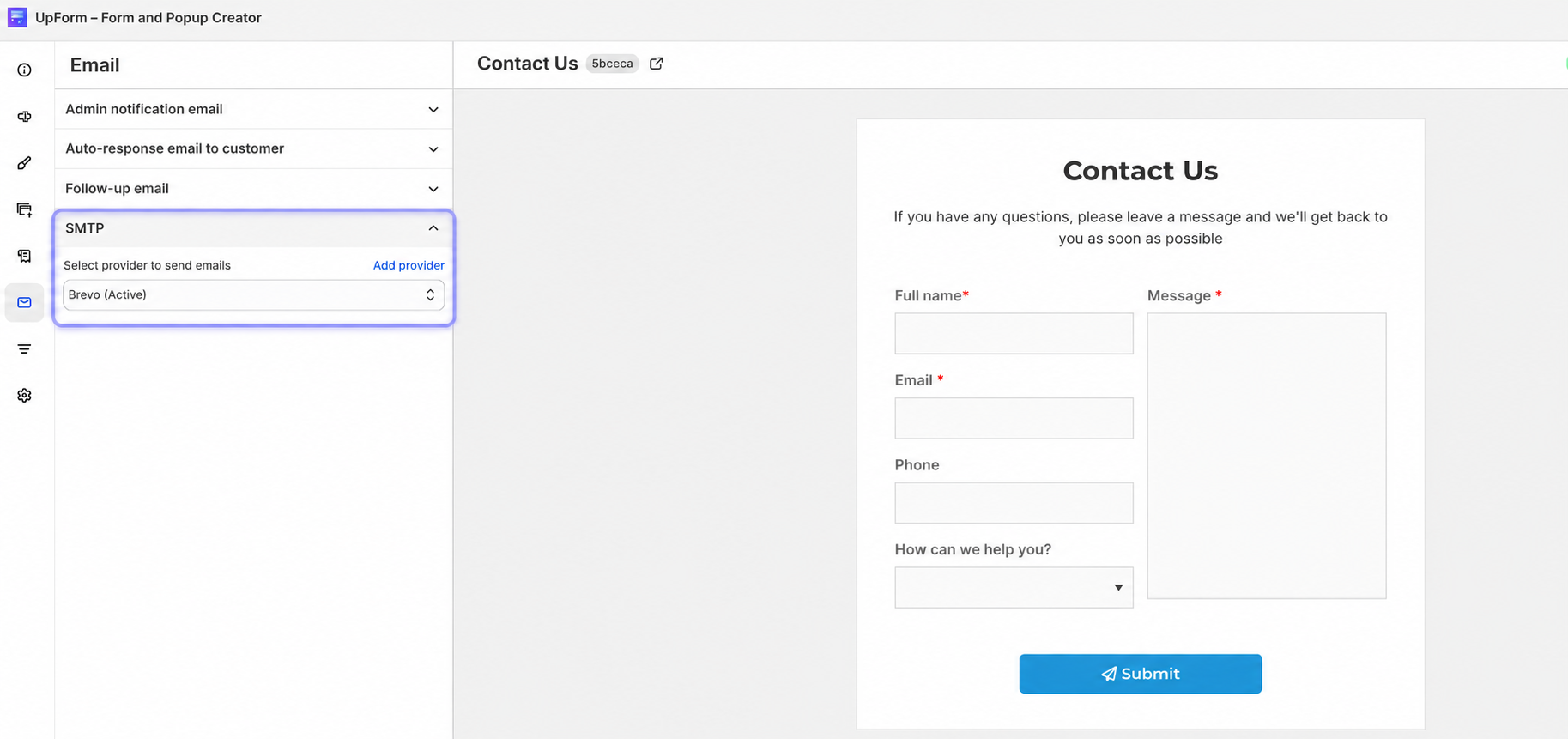 Form email SMTP provider selection