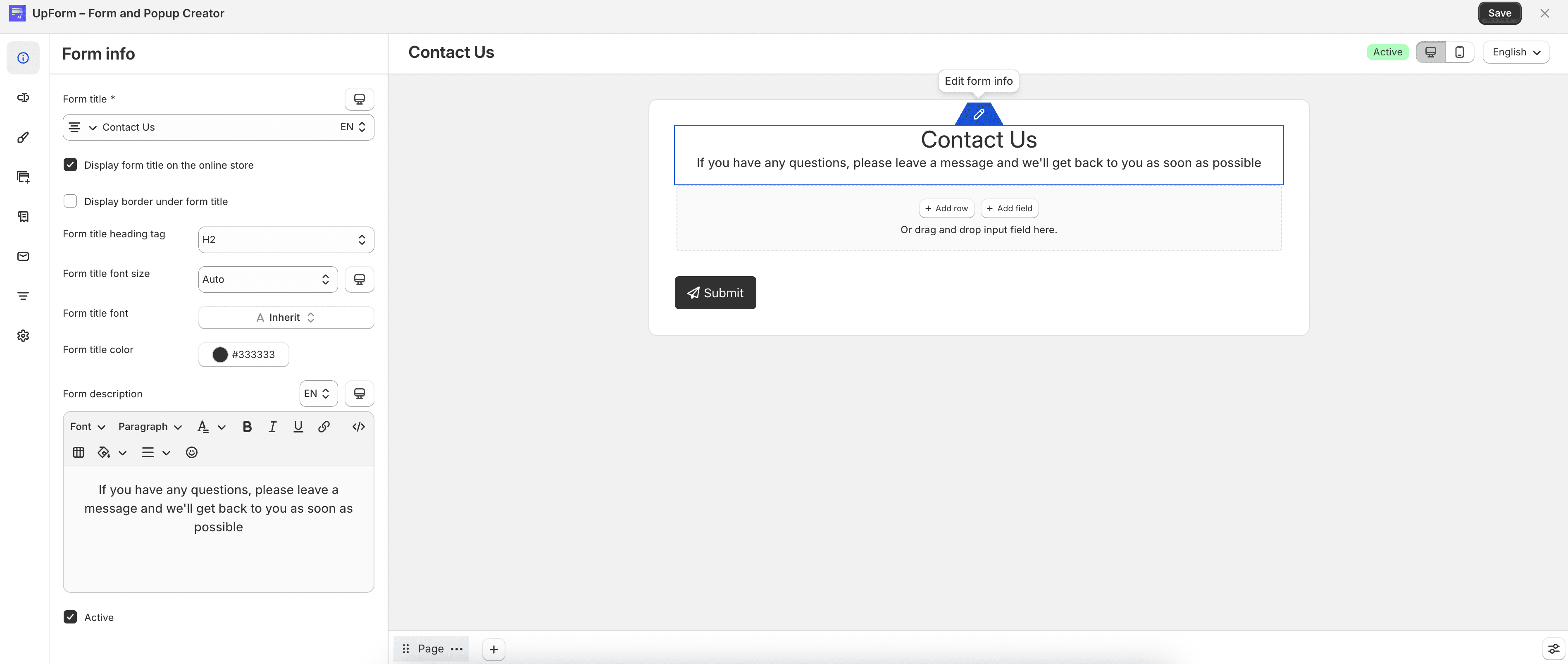 Form info settings