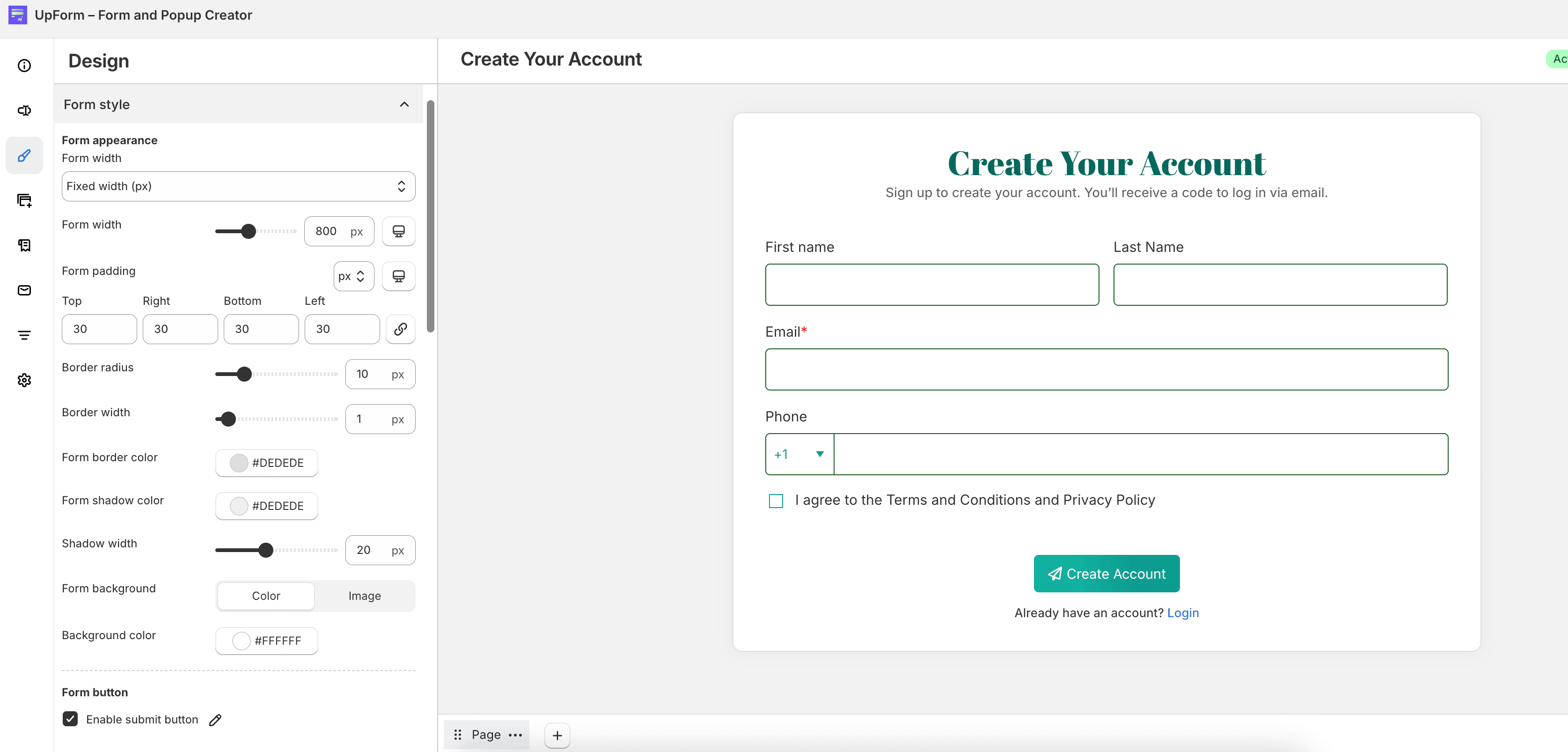 Form appearance width and style settings
