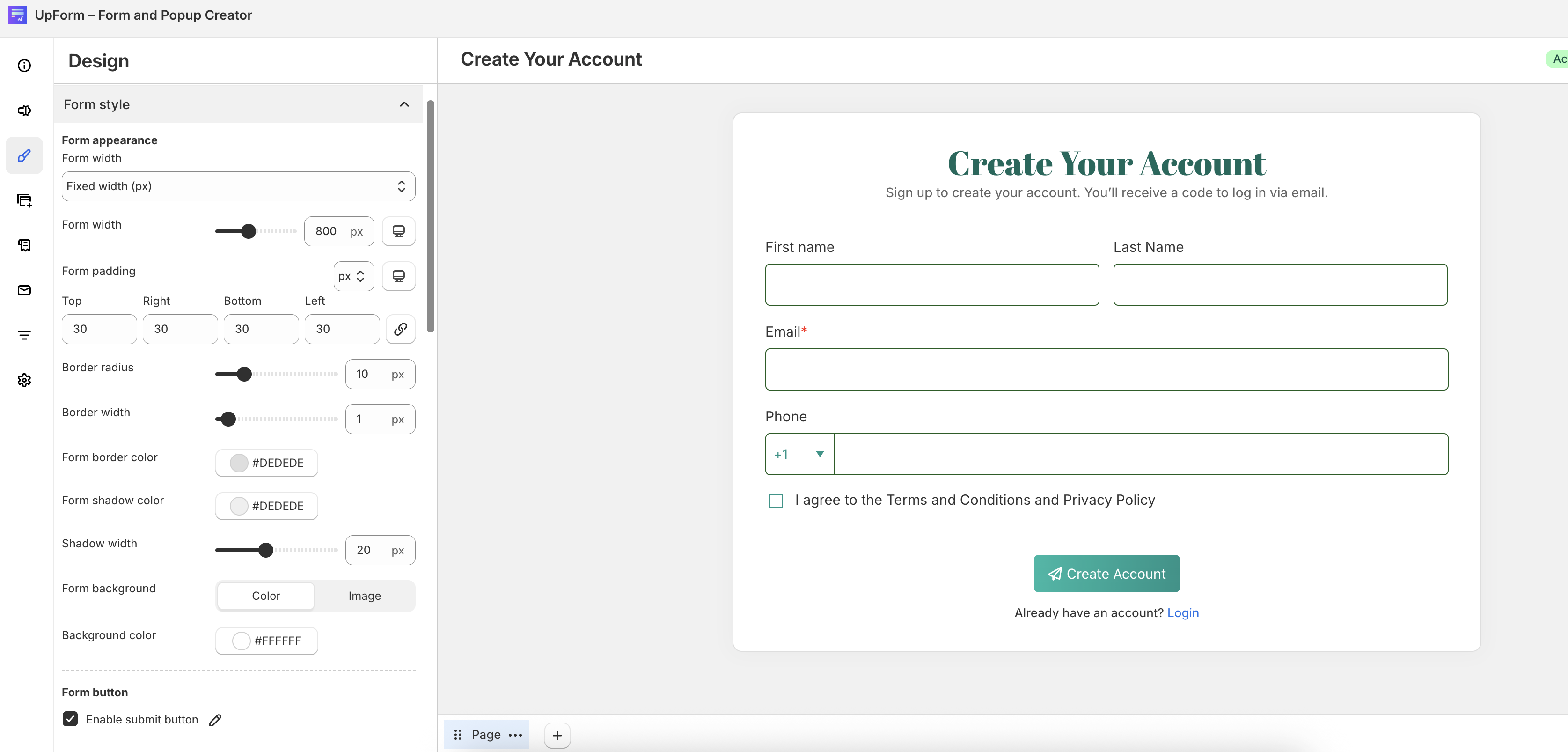 Form appearance width and style settings