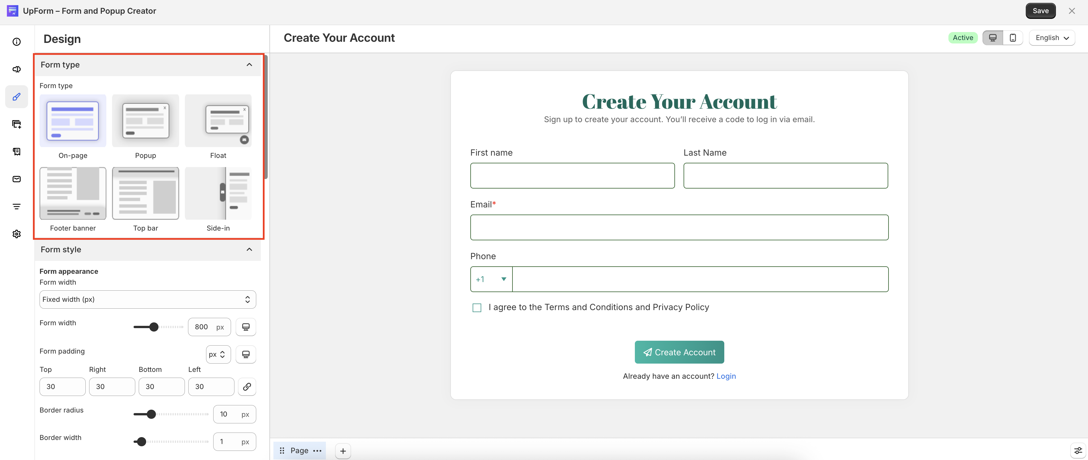 Form type selection options