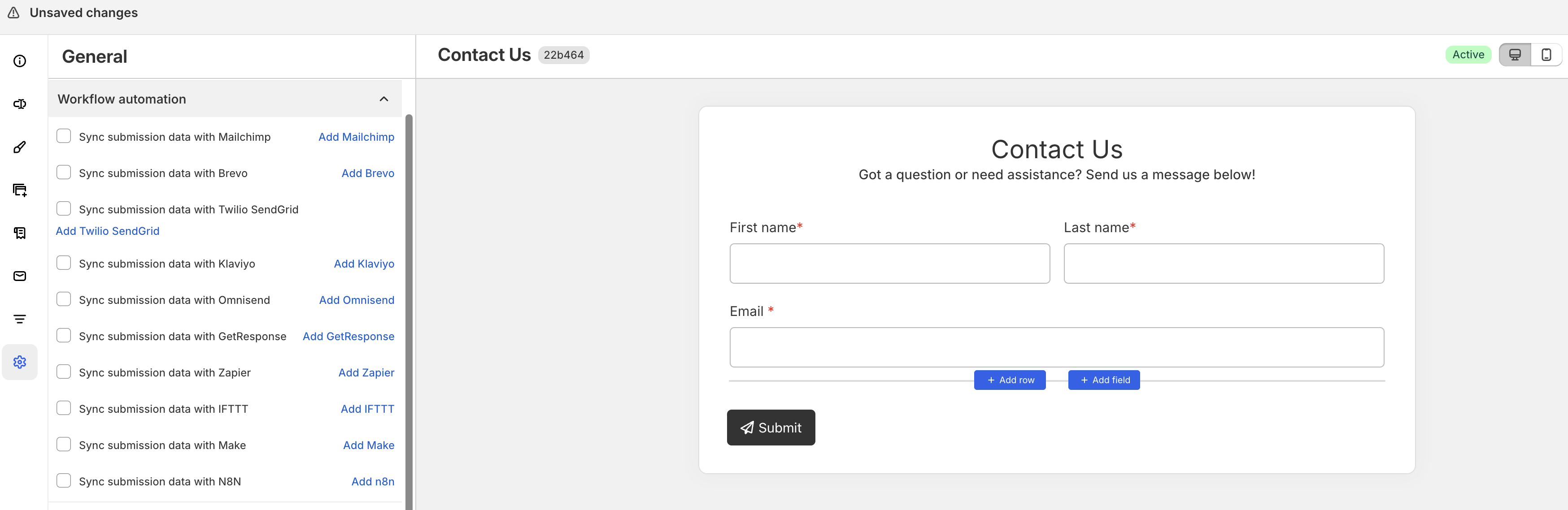 Form workflow automation settings