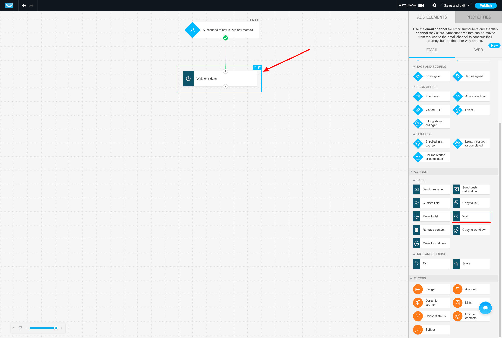 Add Wait action in GetResponse workflow