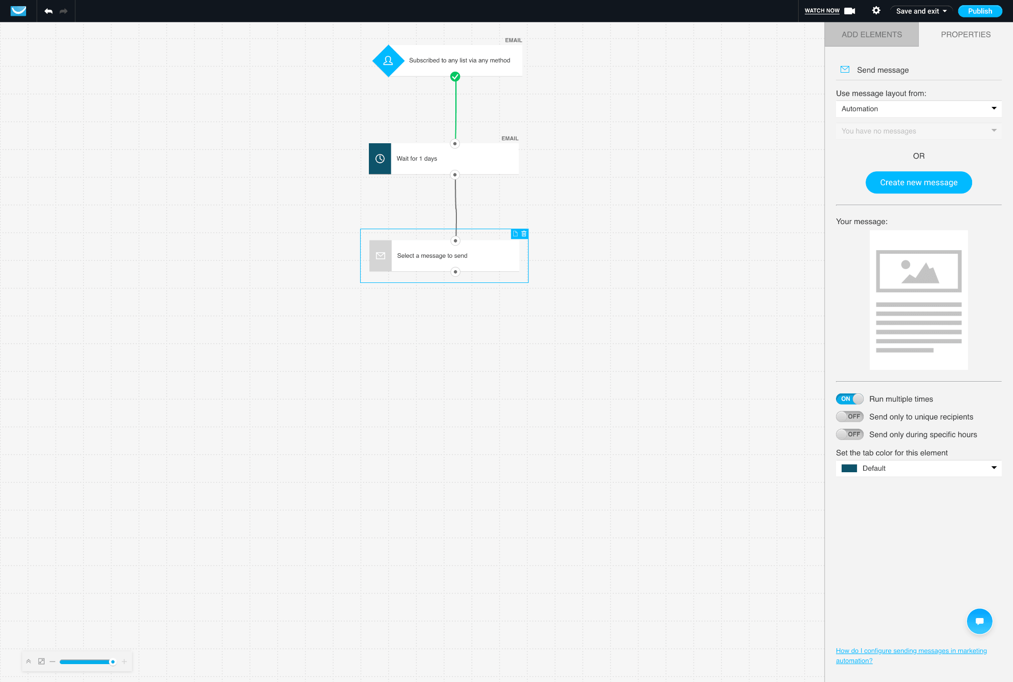 Add Send message action in GetResponse