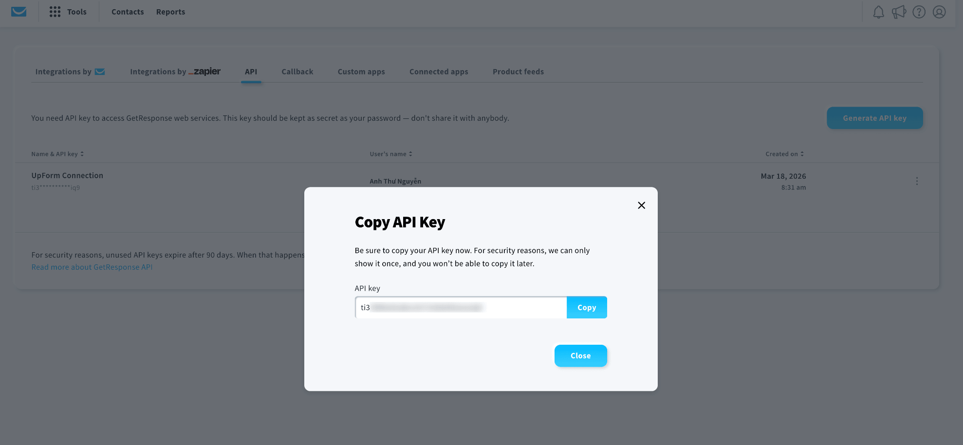 Copy GetResponse API key