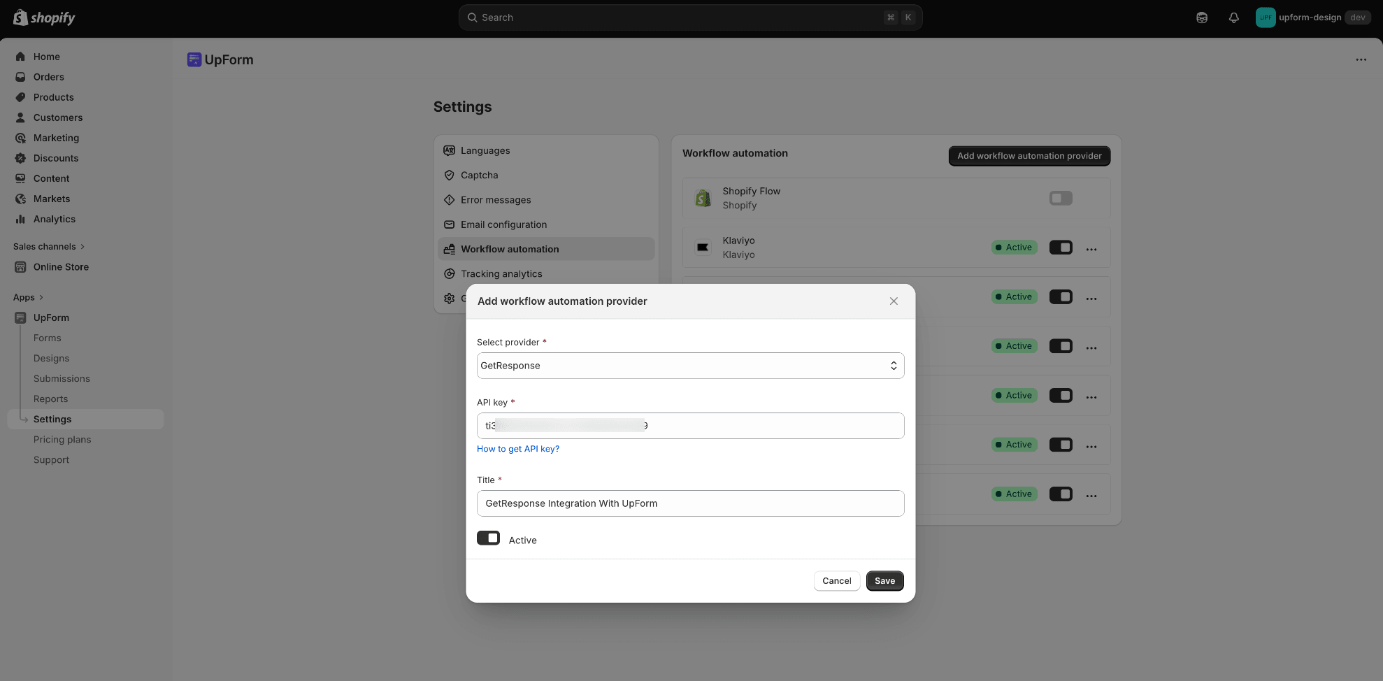 Paste GetResponse API key in UpForm