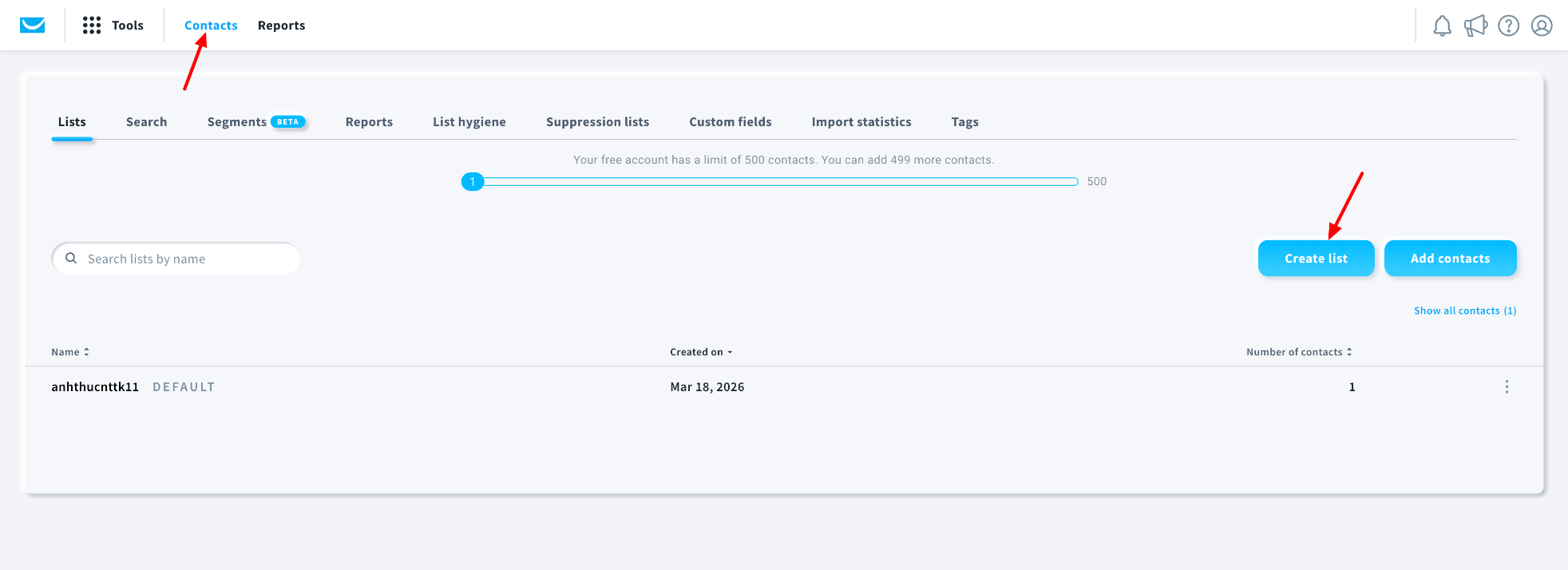 GetResponse Contacts lists page
