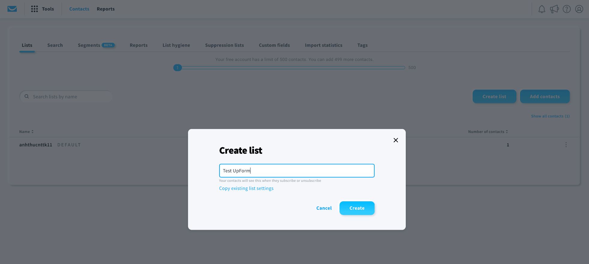 Create GetResponse contact list
