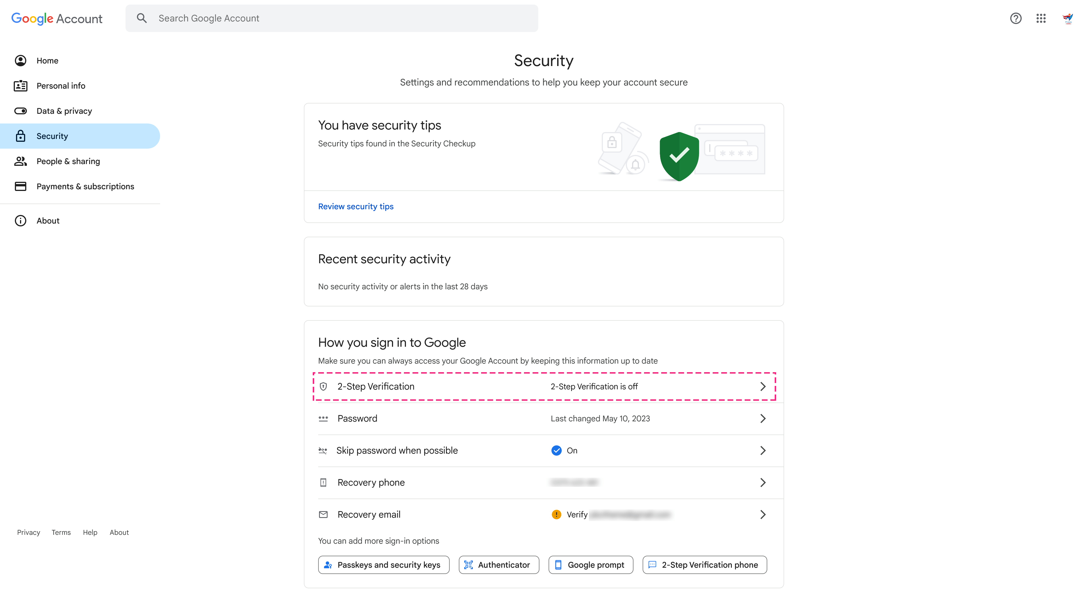 Google Account Security 2-Step Verification