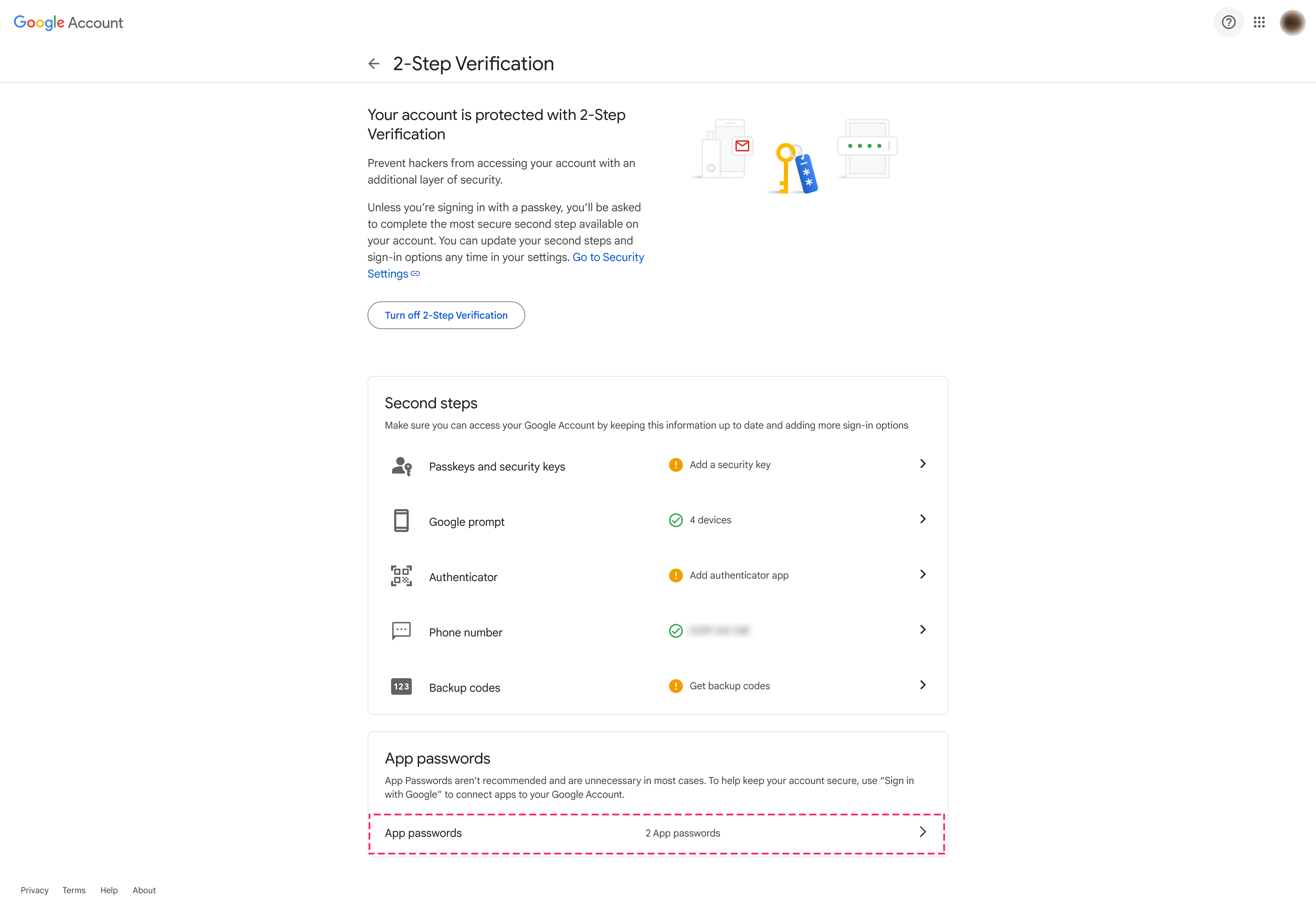 Google Security App passwords option