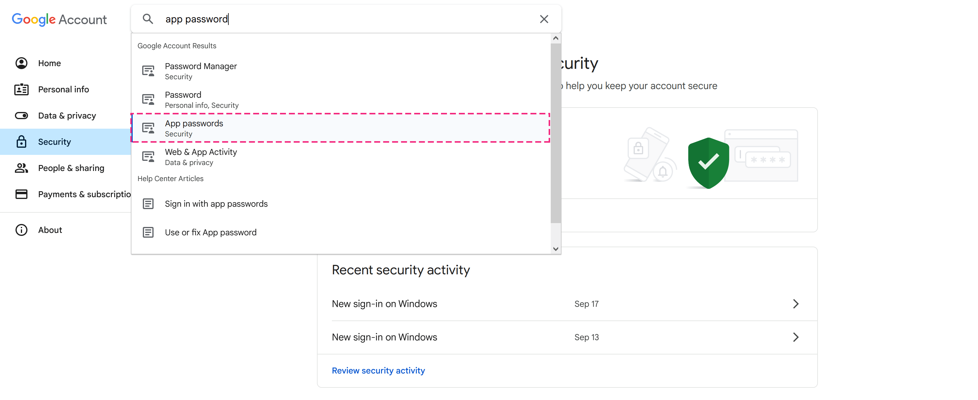 Search for App passwords in Google settings