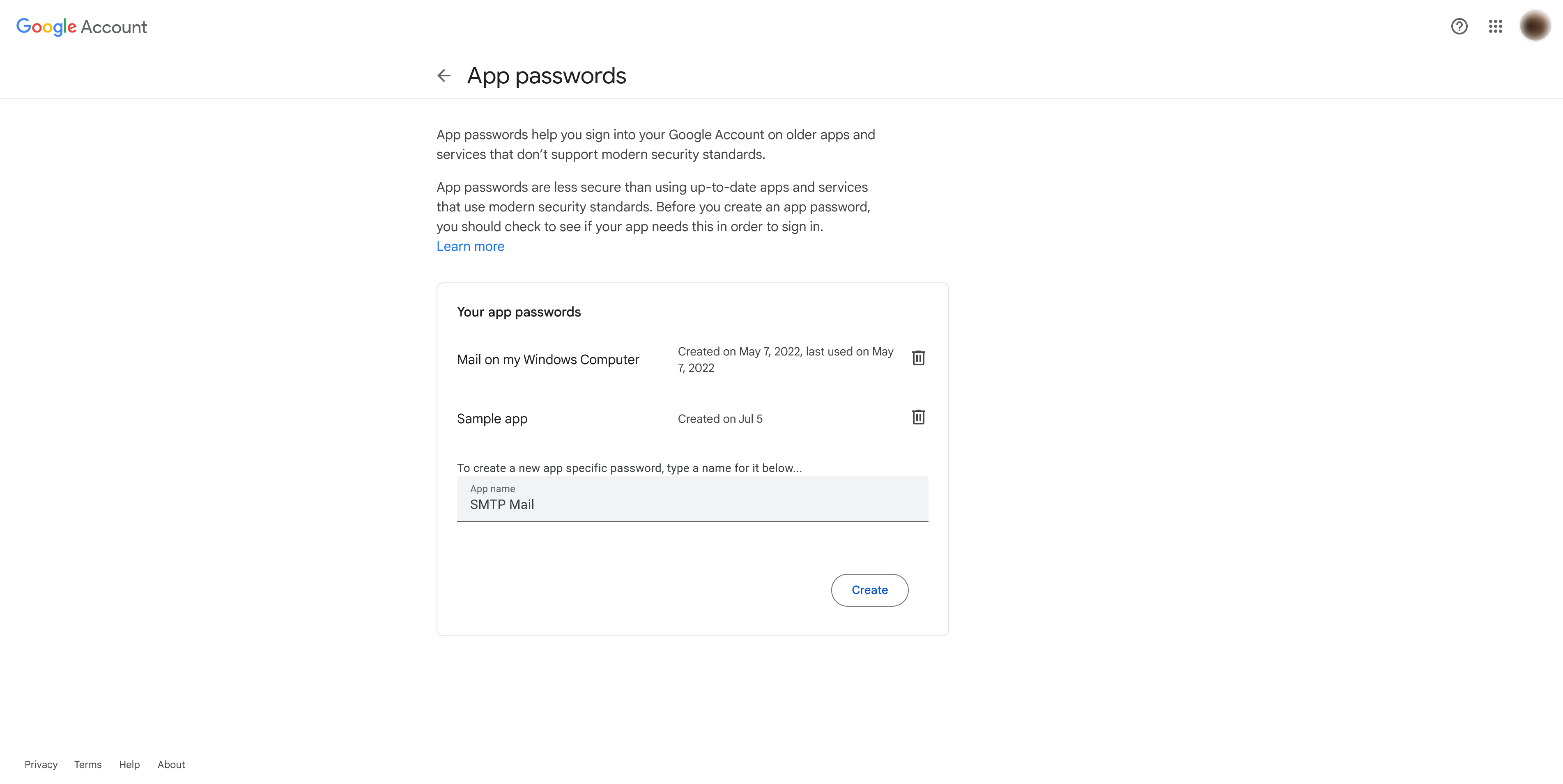 Create Google App password for SMTP