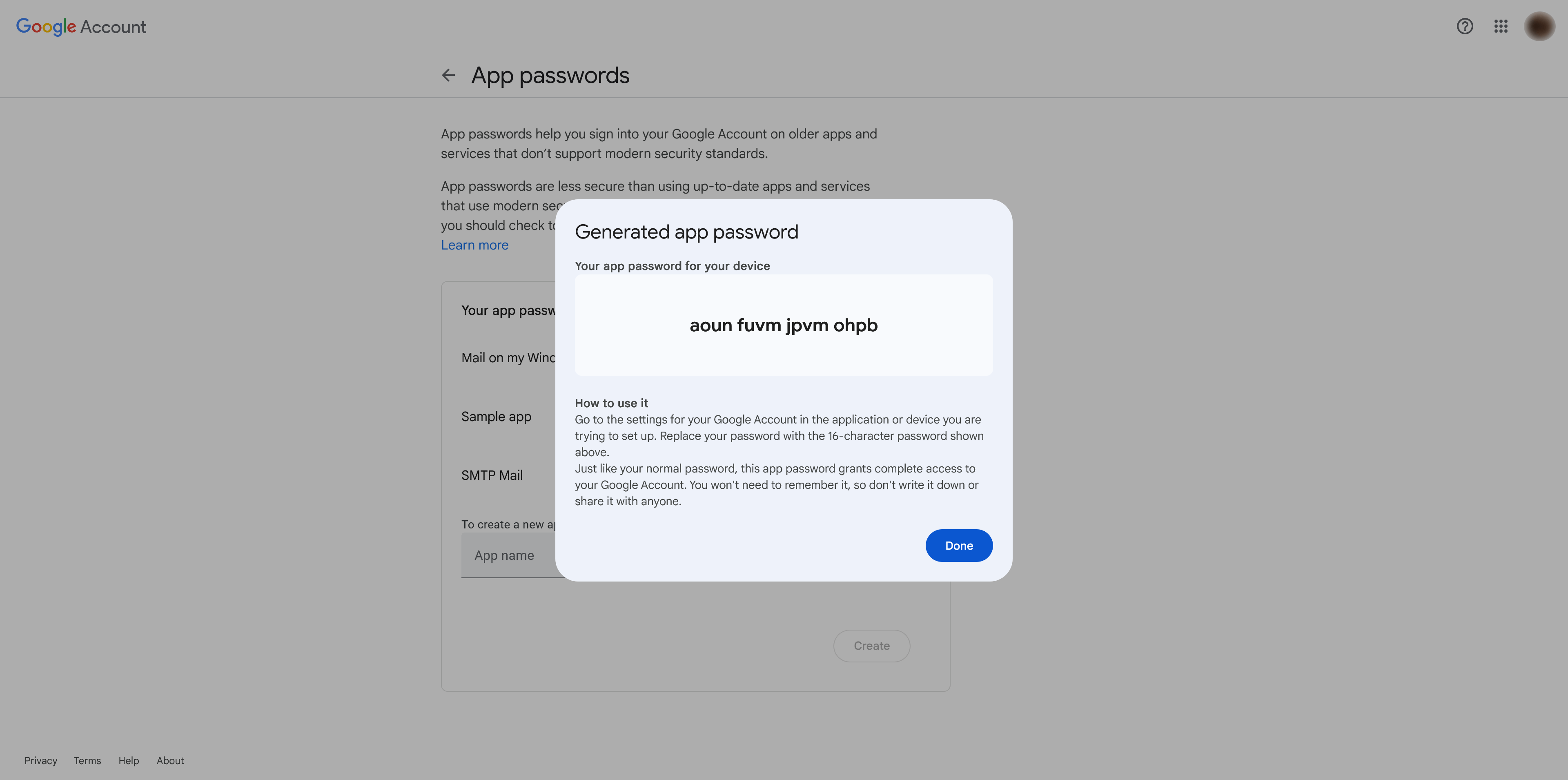 Copy generated Google App password