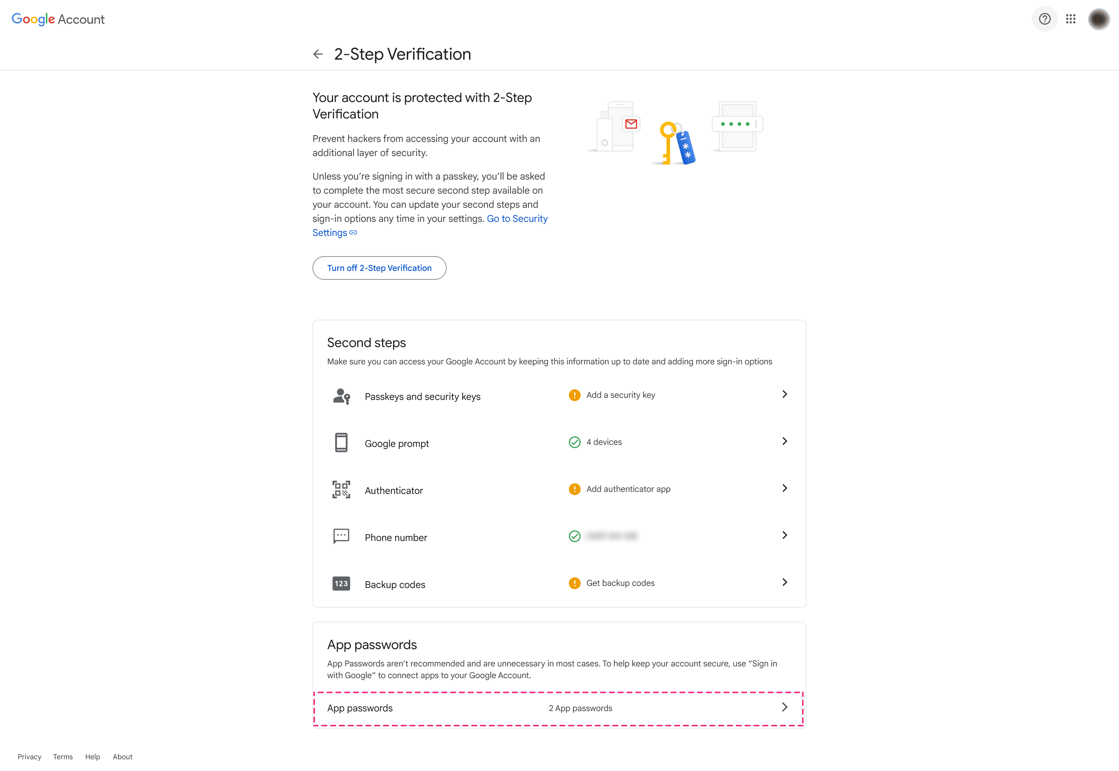 Google Security App passwords option