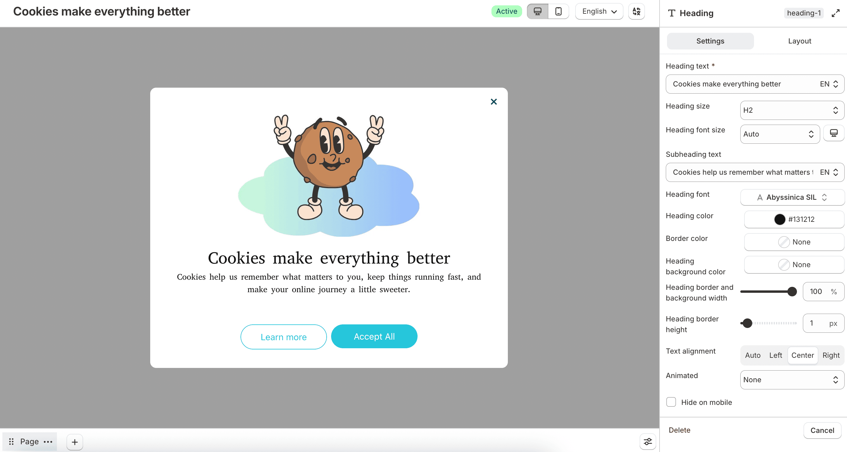 Heading content block settings