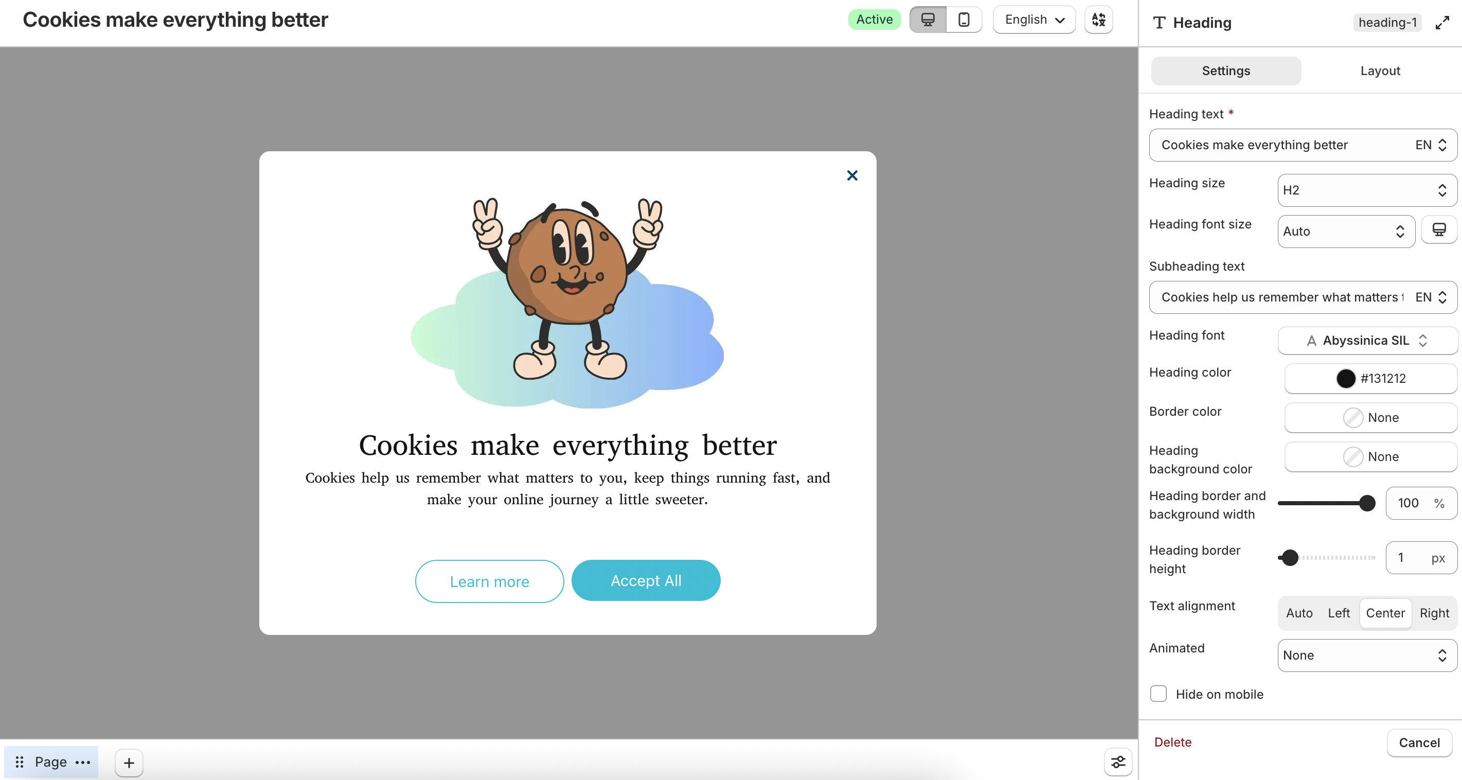 Heading content block settings