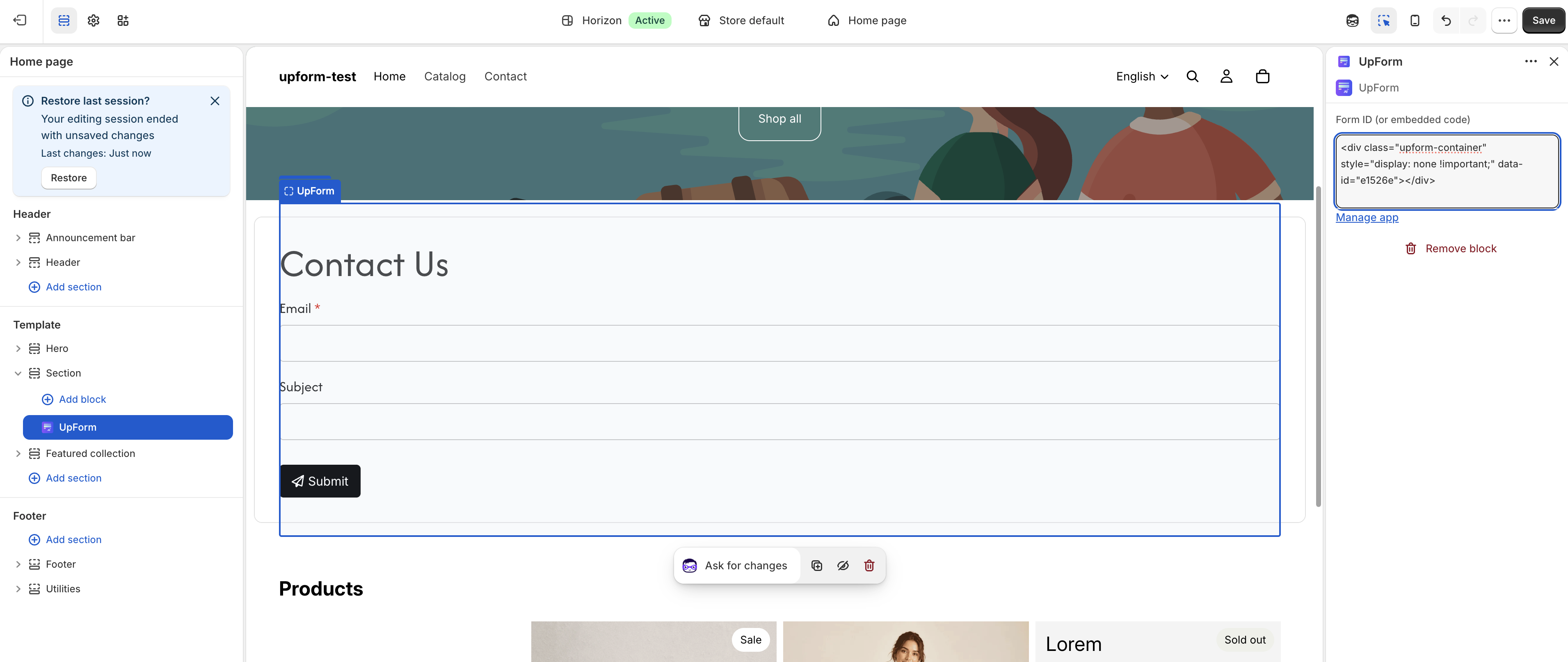 Homepage theme editor UpForm section